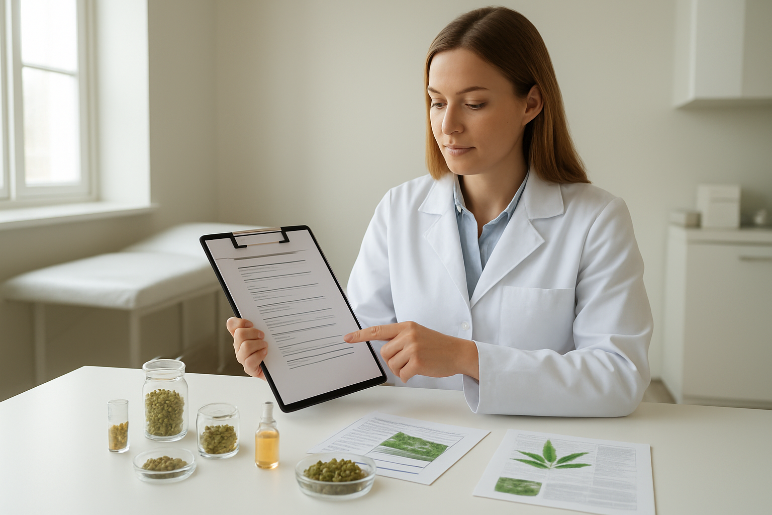 Create a realistic image of a clean, modern medical consultation room with educational cannabis products displayed on a white table including small glass containers, measuring tools, and informational pamphlets, with a white female healthcare professional in a lab coat pointing to safety guidelines on a clipboard, warm natural lighting from a window, professional medical atmosphere, organized and sterile environment. Absolutely NO text should be in the scene.