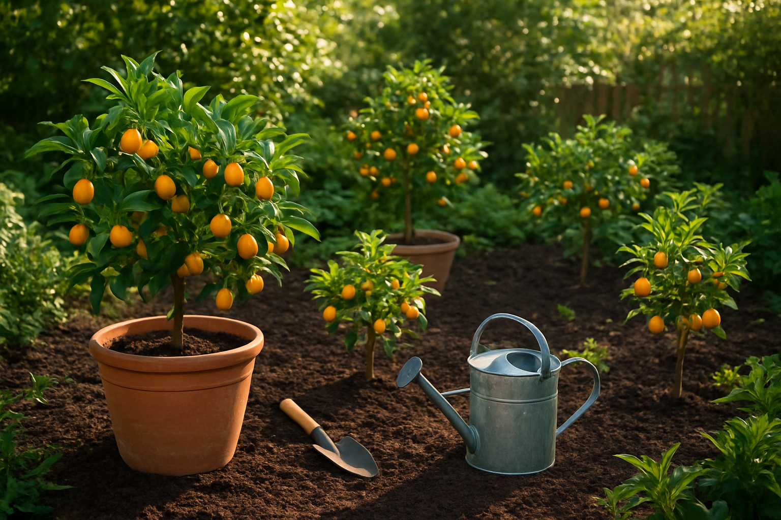 Create a realistic image of a well-maintained home garden scene featuring several small kumquat trees in various stages of growth, some planted in large terracotta pots and others in rich dark soil garden beds, with bright orange kumquat fruits hanging from green branches, gardening tools like a small shovel and watering can nearby, lush green foliage in the background, warm natural sunlight filtering through creating dappled shadows, peaceful residential garden atmosphere with a wooden fence visible in the distance, absolutely NO text should be in the scene.
