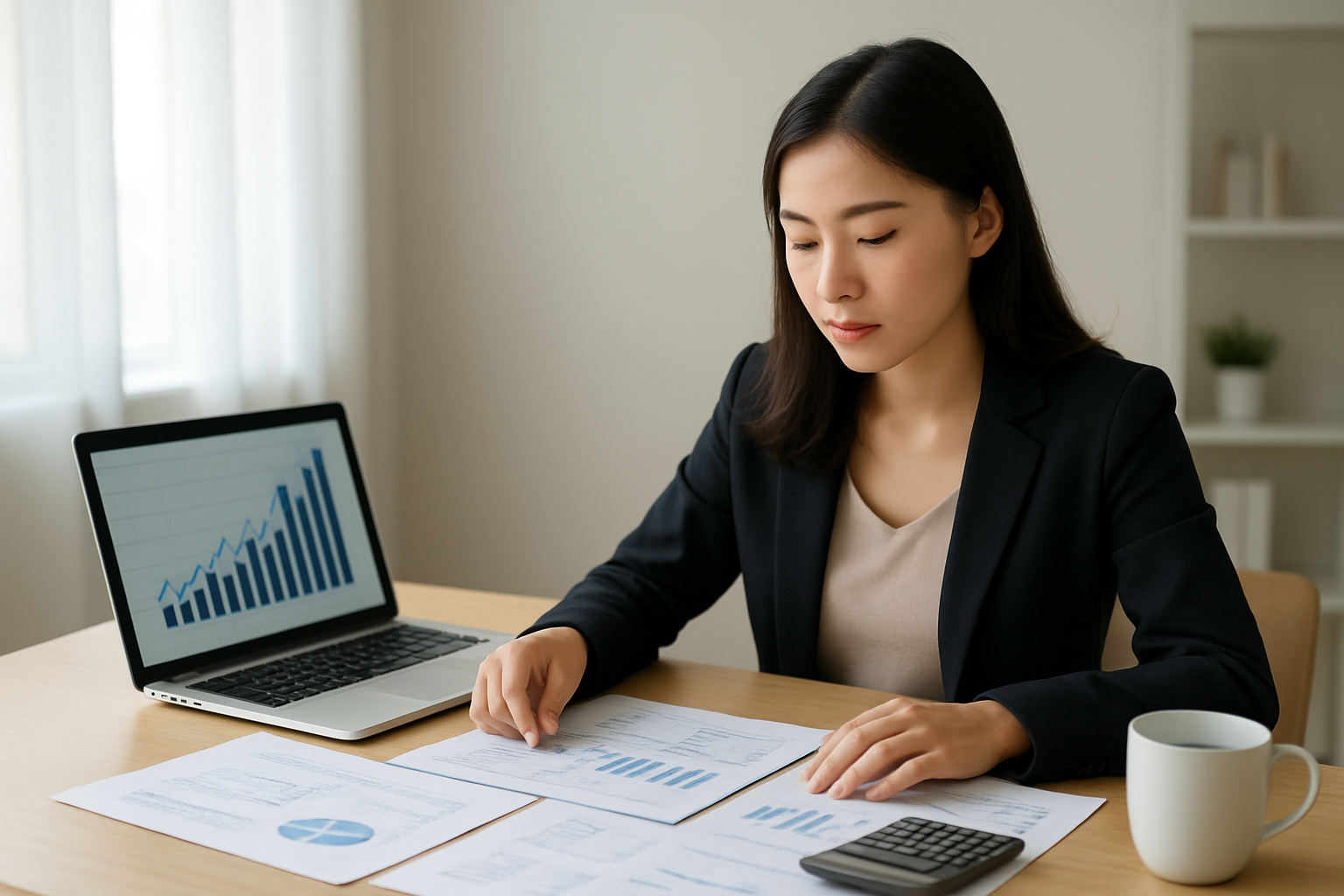 Create a realistic image of a young Asian female professional in her late 20s sitting at a modern desk with a laptop open, reviewing financial documents and investment account statements spread across the desk, with a calculator nearby, charts showing upward growth trends on the laptop screen, a clean office environment with soft natural lighting from a window, conveying focus and financial planning, with a small potted plant and coffee cup on the desk as complementary elements, absolutely NO text should be in the scene.