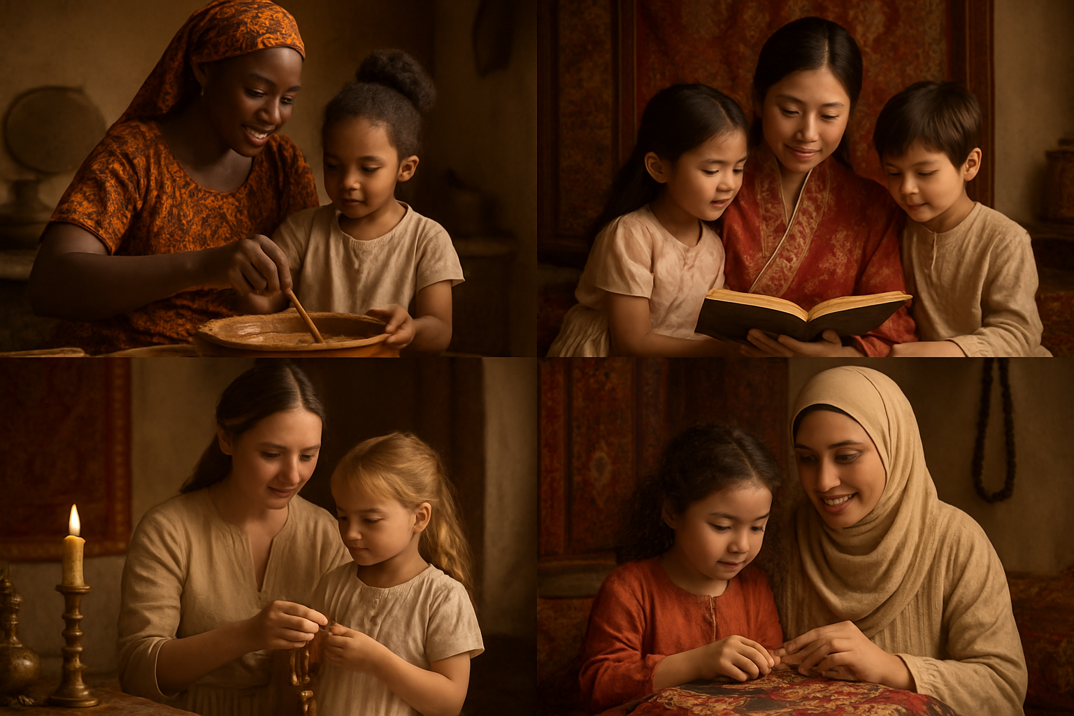 Create a realistic image of a diverse collage showing different maternal behaviors from around the world, featuring a black female mother teaching her child traditional cooking methods, an Asian female mother in traditional dress reading to her children, a white female mother and child participating in a cultural ceremony, and a Middle Eastern female mother showing her daughter traditional crafts, with cultural symbols like prayer beads, traditional textiles, and ceremonial objects in the background, warm and nurturing lighting, absolutely NO text should be in the scene.