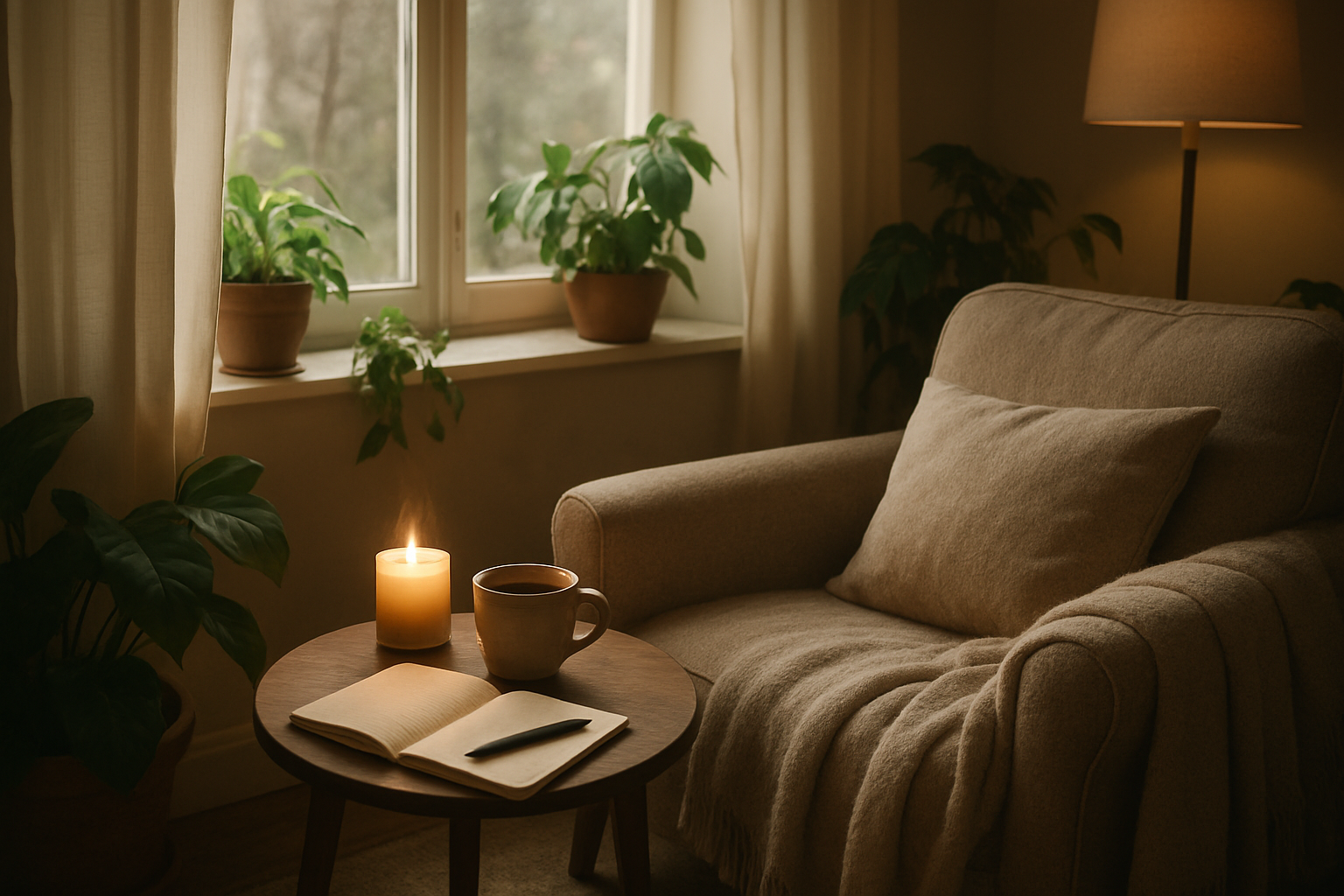 Create a realistic image of a cozy indoor space set up for peaceful reflection, featuring a comfortable armchair with soft cushions positioned near a large window with natural daylight streaming in, a small side table with a warm cup of tea, a lit candle, and an open journal with a pen, surrounded by potted plants, soft throw blankets, and warm ambient lighting that creates a serene and calming atmosphere perfect for gentle self-reflection and year-end planning, absolutely NO text should be in the scene.