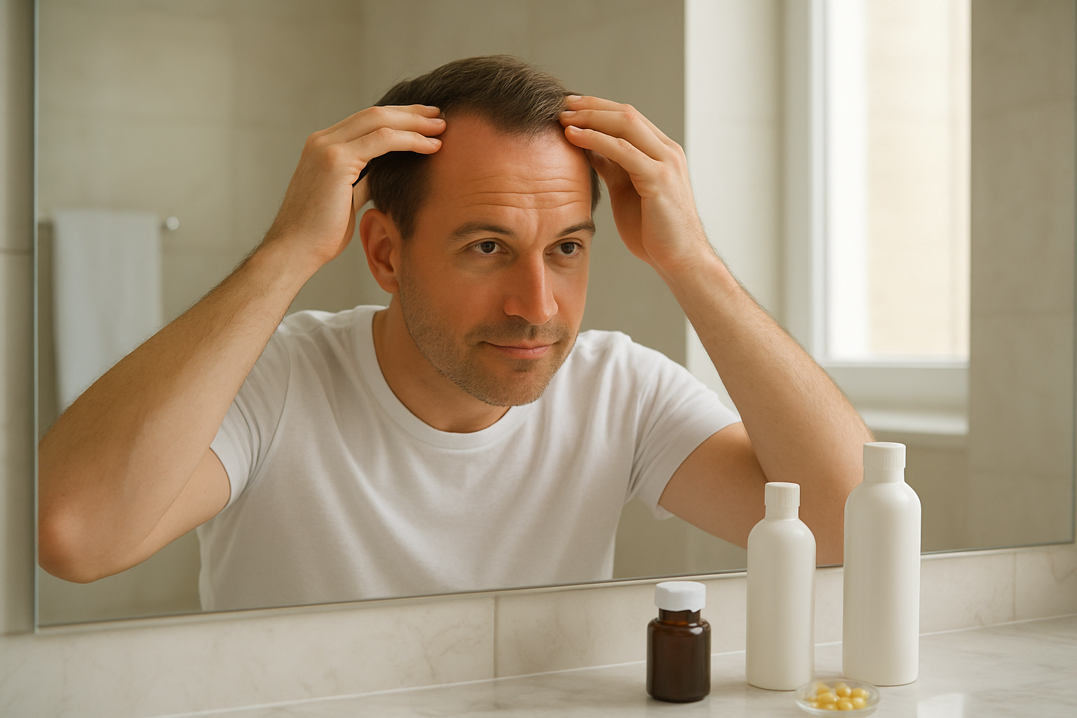 Create a realistic image of a white male in his 40s looking in a bathroom mirror while gently touching his hairline with his fingertips, showing healthy hair growth and a healed scalp, with hair care products including specialized shampoo bottles and vitamin supplements neatly arranged on the marble countertop, soft natural lighting from a window creating a clean and optimistic atmosphere in a modern bathroom setting, absolutely NO text should be in the scene.