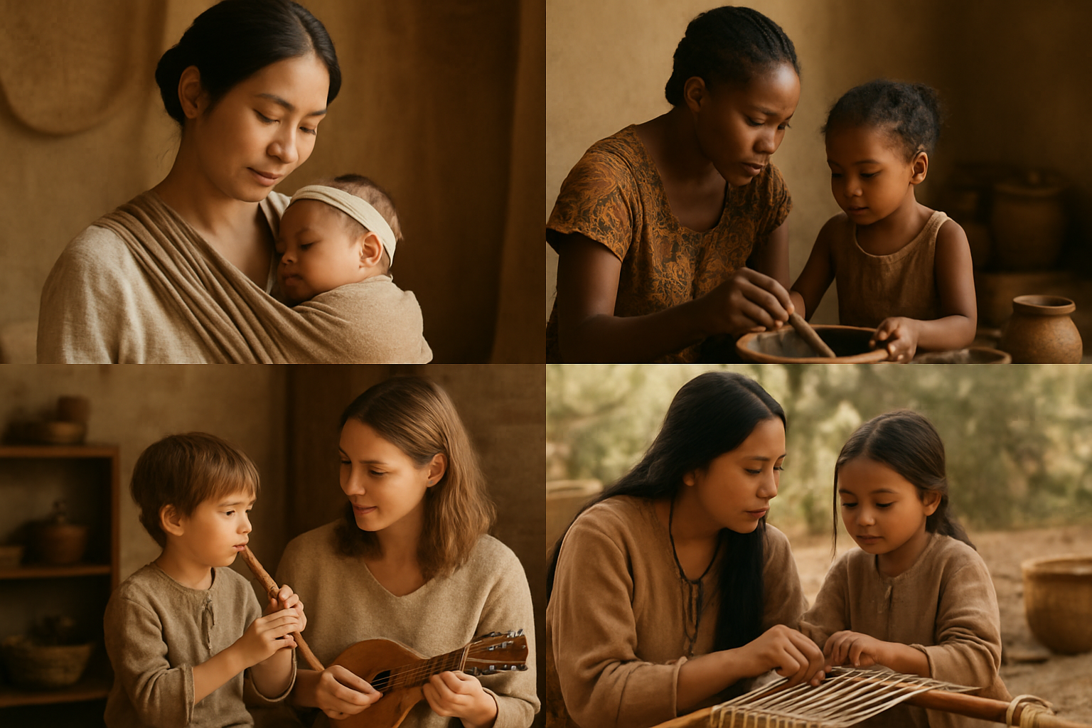 Create a realistic image of a diverse collage-style composition showing different mothering traditions from around the world, featuring an Asian female mother carrying her baby in a traditional wrap sling, a Black African female mother with intricate braided hair teaching her young daughter traditional cooking methods using clay pots, a white European female mother and child in a cozy indoor setting practicing music together with traditional instruments, and a Native American female mother with long dark hair showing her child how to weave traditional crafts outdoors, with warm natural lighting highlighting the intimate bonding moments, soft earth tones throughout the scene, and cultural artifacts like textiles, pottery, and handmade items visible in the background, absolutely NO text should be in the scene.
