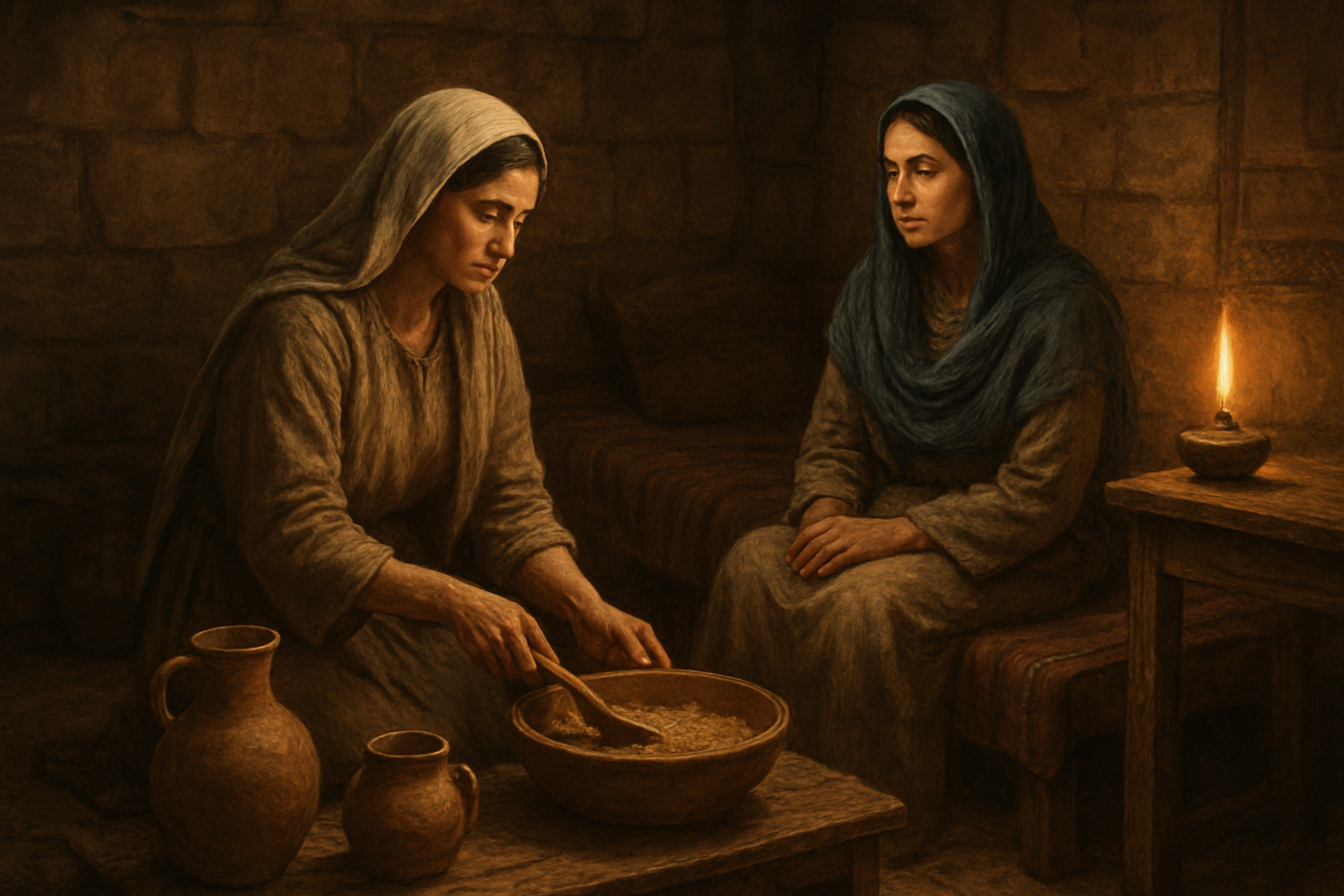 Create a realistic image of two Middle Eastern women in biblical-era clothing in an ancient home setting, one woman kneeling while serving food from clay vessels and pottery, the other woman sitting peacefully nearby listening, with warm oil lamp lighting casting soft shadows on stone walls, wooden furniture, and woven textiles, creating an atmosphere of domestic tension and spiritual contemplation, absolutely NO text should be in the scene.