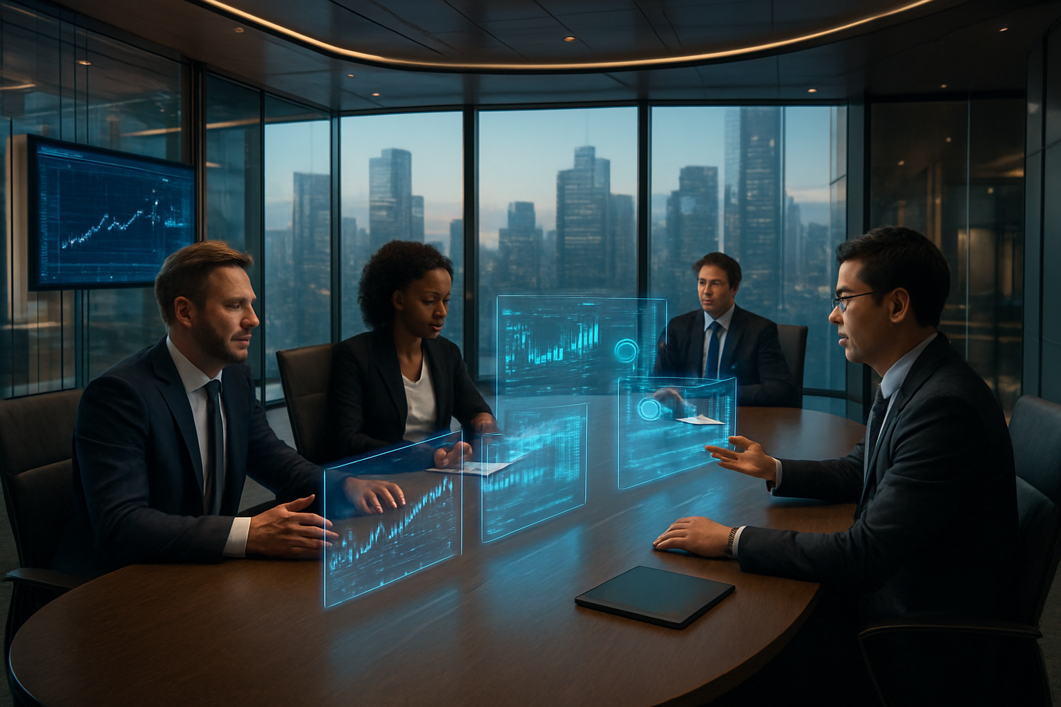 Create a realistic image of a modern financial institution's executive boardroom with a large curved conference table where diverse business professionals including a white male executive in a navy suit, a black female analyst reviewing digital reports, and an Asian male technology director are gathered around holographic displays showing trading charts, compliance dashboards, and customer analytics floating above the table, with floor-to-ceiling windows revealing a city skyline backdrop, warm professional lighting illuminating the sleek contemporary interior with glass and steel architectural elements, digital screens mounted on walls displaying real-time financial data visualizations, and an atmosphere of innovation and strategic planning as the professionals gesture toward the AI-powered financial solutions being presented, absolutely NO text should be in the scene.