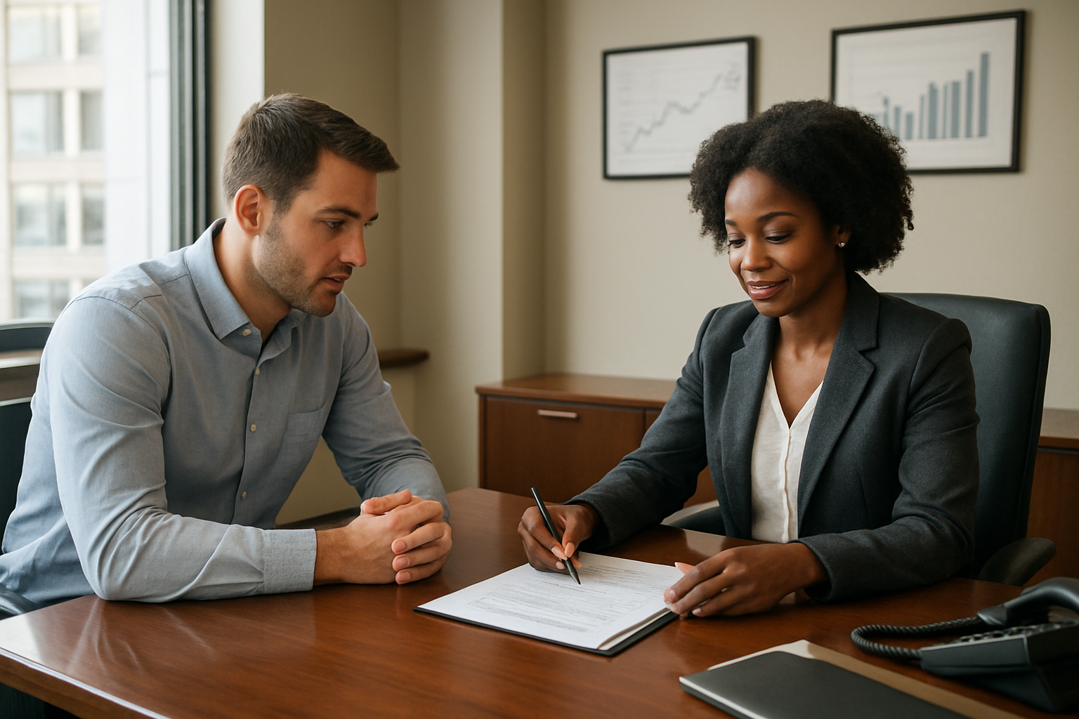 Create a realistic image of a professional meeting scene showing a white male customer in business casual attire sitting across from a black female bank loan officer at a polished wooden desk in a modern bank office, with the customer leaning forward in an engaged negotiating posture while the loan officer reviews documents, surrounded by a clean office environment with financial charts on the wall, soft natural lighting from large windows, and a confident yet respectful atmosphere suggesting successful financial negotiations, absolutely NO text should be in the scene.