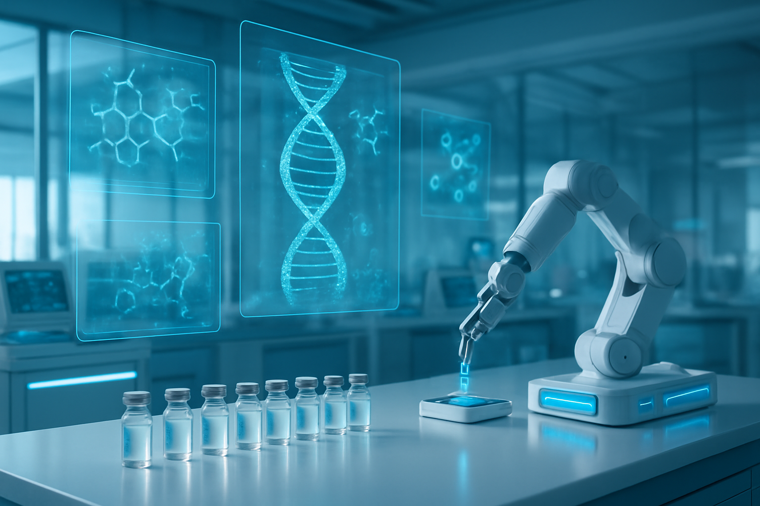 Create a realistic image of a futuristic medical laboratory with advanced holographic displays showing DNA helixes and molecular structures floating in the air, sleek white and blue scientific equipment with glowing LED panels, multiple vaccine vials arranged on a pristine laboratory counter with soft blue ambient lighting, a robotic arm precisely handling medical samples, digital screens displaying complex data visualizations and graphs, clean modern architecture with glass walls and metallic surfaces, soft natural lighting streaming through large windows creating a hopeful atmosphere, emphasizing cutting-edge technology and medical innovation, Absolutely NO text should be in the scene.