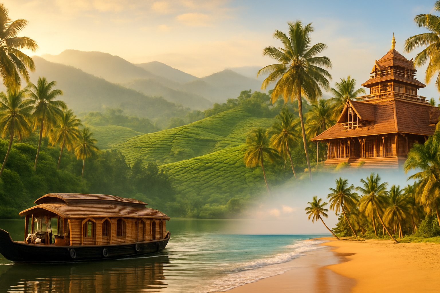 realistic image of a stunning collage-style panoramic scene showcasing the highlights of Kerala, India, featuring a serene backwater canal with a traditional wooden houseboat gliding through lush green palm-lined waters, misty rolling tea plantations of Munnar in the background, a pristine tropical beach with golden sand and swaying coconut trees, and a glimpse of a grand Kerala temple with traditional architecture, all bathed in warm golden sunlight that evokes a sense of adventure, tranquility, and tropical beauty, Absolutely NO text should be in the scene.