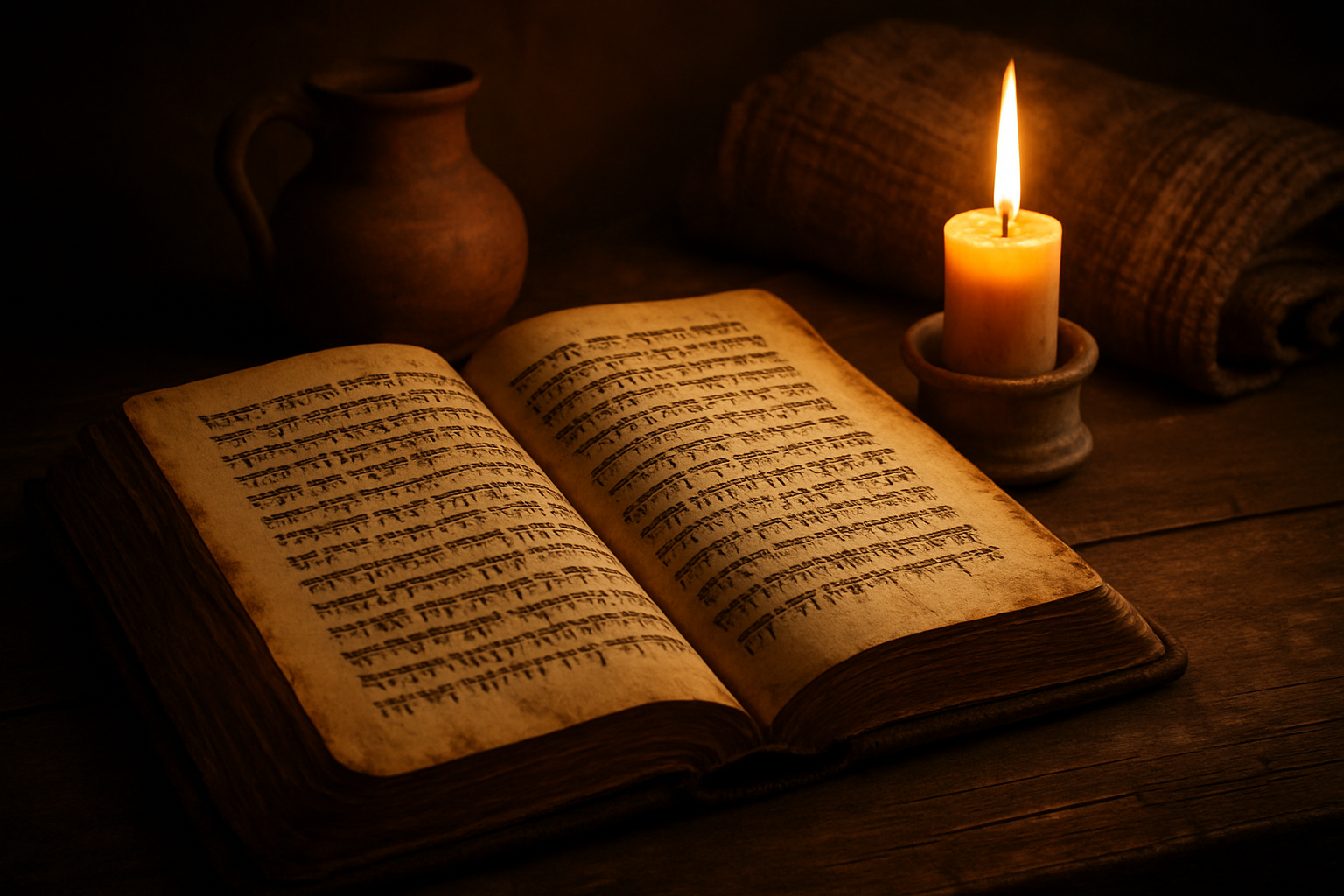 Create a realistic image of an open ancient Bible with weathered pages displaying Hebrew text, placed on a wooden table with soft golden candlelight illuminating the pages, surrounded by subtle Middle Eastern cultural elements like clay pottery and woven fabric in the background, creating a warm contemplative atmosphere that conveys biblical study and historical context, absolutely NO text should be in the scene.