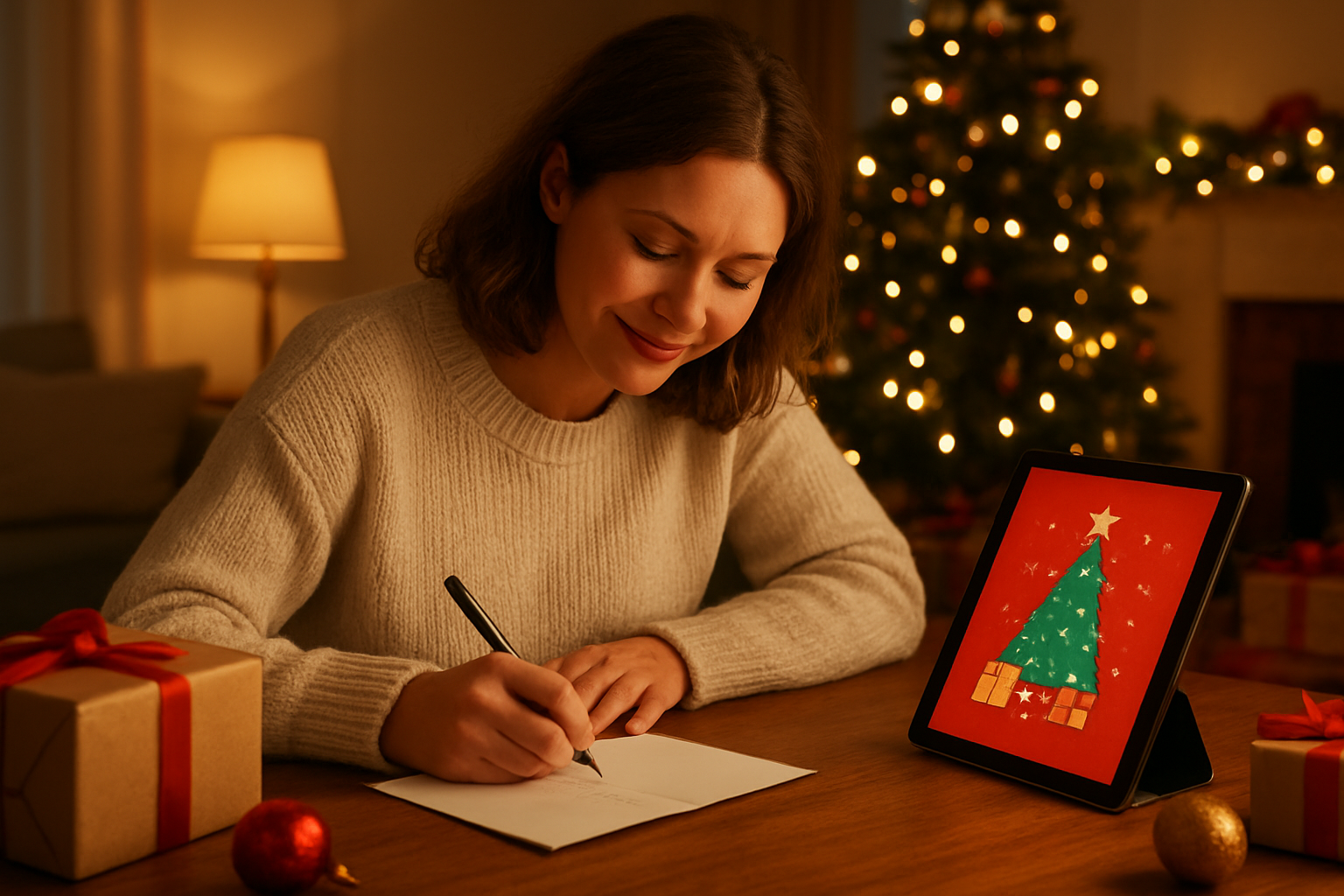 Create a realistic image of a warm, cozy living room scene with a white female sitting at a wooden table writing in a handwritten Christmas card with a pen, while a tablet displaying a digital Christmas card design sits nearby, soft golden lighting from a table lamp illuminates the scene, wrapped gift boxes and Christmas decorations visible in the blurred background, the woman has a gentle smile showing emotional connection to the card-writing process, absolutely NO text should be in the scene.