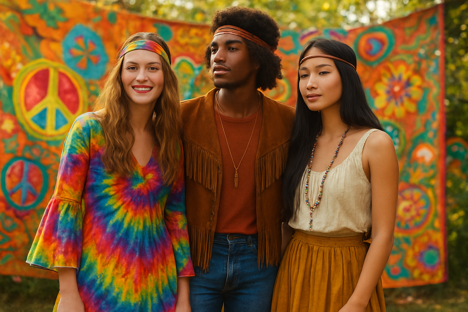 Create A Realistic Image Of A Group Of Diverse Young People From The 1960S Showcasing Psychedelic Fashion, Including A White Female Wearing A Colorful Tie-Dye Dress With Bell Sleeves, A Black Male In A Fringed Vest And Flared Jeans, And An Asian Female In A Flowing Peasant Skirt With Beaded Jewelry, All With Long Hair And Headbands, Standing In A Vibrant Outdoor Setting With Retro Patterns And Bright Colors In The Background, Natural Daylight Creating A Warm And Free-Spirited Atmosphere That Captures The Bohemian Lifestyle Of The Psychedelic Era, Absolutely No Text Should Be In The Scene.