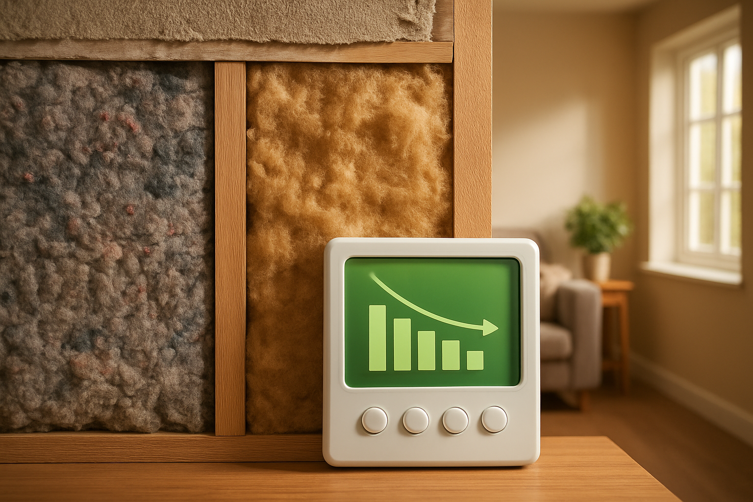 Create a realistic image of a cross-section view of a house wall showing modern eco-friendly insulation materials like recycled cotton batting and natural wool insulation installed between wooden studs, with a digital energy meter display showing reduced energy costs in the foreground, warm natural lighting highlighting the sustainable materials, and a cozy interior room visible in the background with energy-efficient windows, conveying cost savings and environmental benefits. Absolutely NO text should be in the scene.