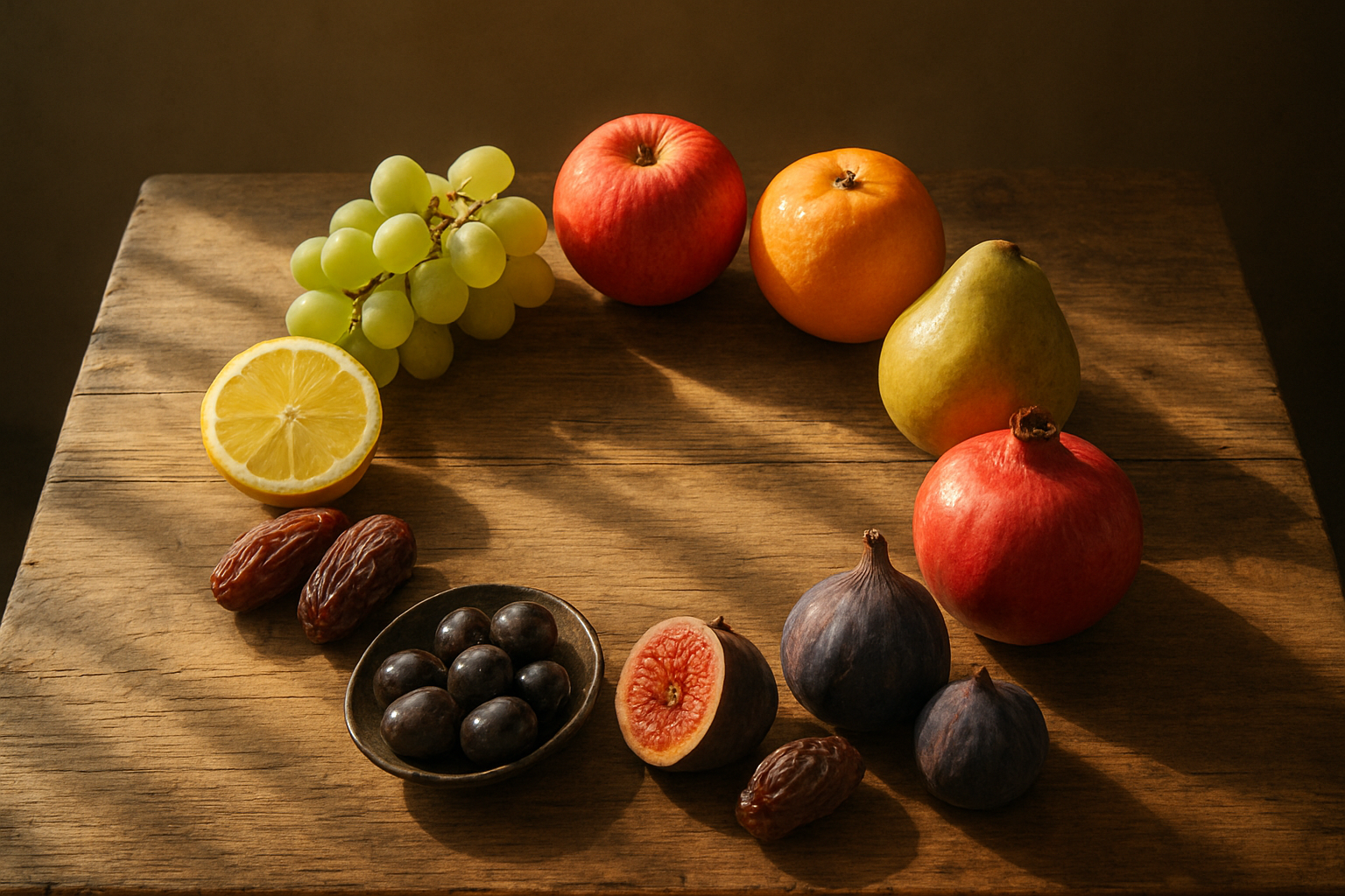 Create a realistic image of nine different colorful fruits arranged in a perfect circle on a rustic wooden table, including grapes, apples, oranges, pears, pomegranates, figs, olives, dates, and citrus fruits, with soft golden sunlight streaming through a window casting gentle shadows, creating a peaceful and spiritual atmosphere with warm earth tones in the background, absolutely NO text should be in the scene.