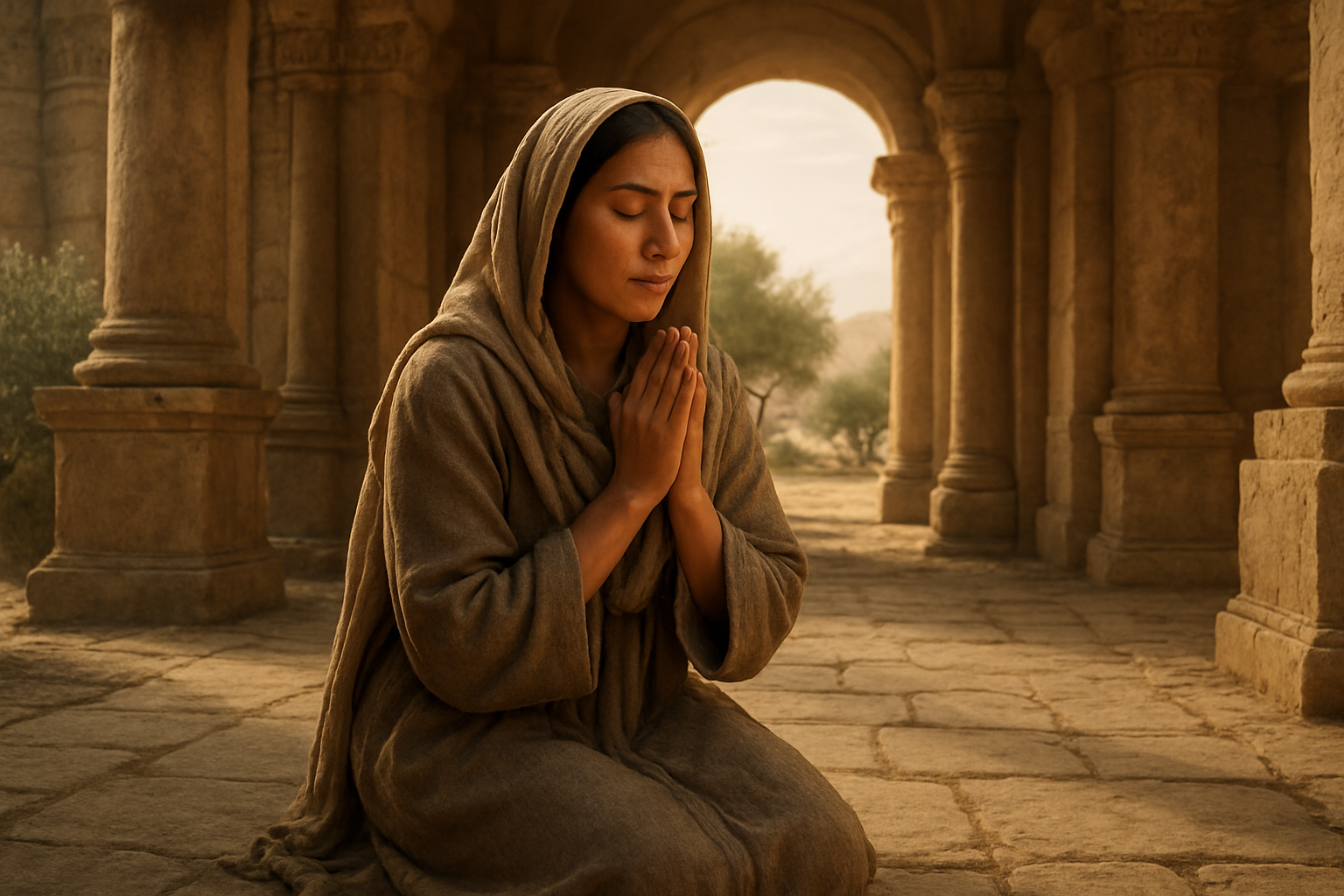 Create a realistic image of a middle-eastern woman in ancient biblical clothing kneeling in prayer with her hands clasped and eyes closed, positioned in front of an ornate ancient temple entrance with stone pillars and archways, soft golden sunlight streaming through the structure creating a peaceful and reverent atmosphere, with olive trees and desert landscape visible in the background, emphasizing a transformative spiritual moment of deep prayer and connection with the divine, absolutely NO text should be in the scene.
