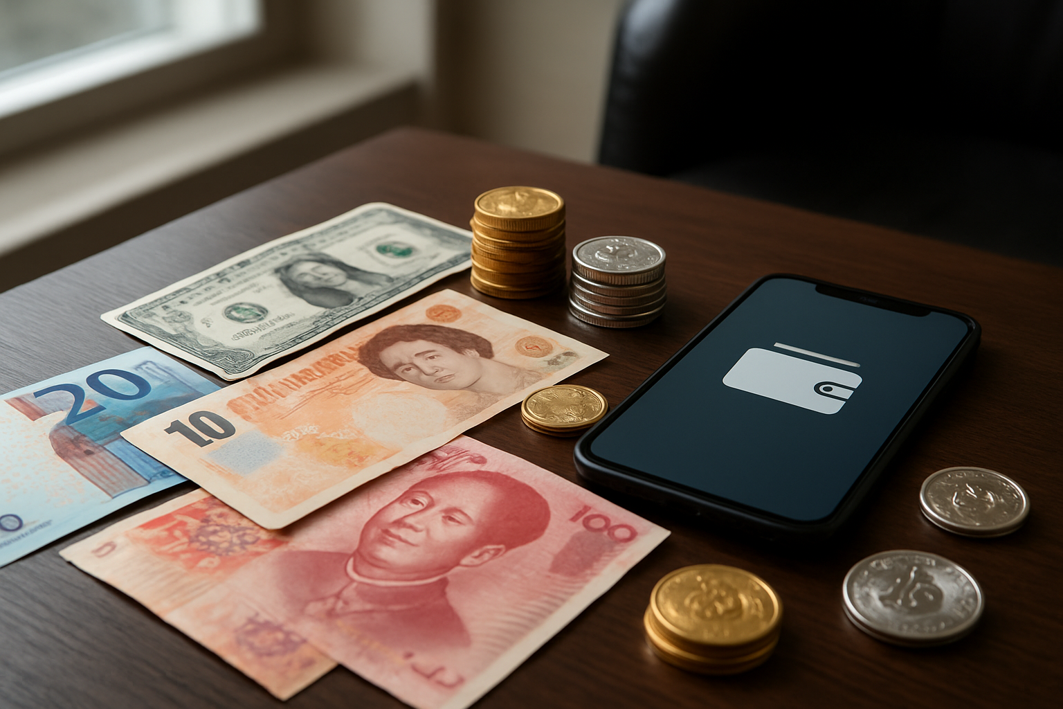 Create a realistic image of various forms of money and currency artfully arranged on a dark wooden desk surface, including colorful paper bills from different countries, shiny gold and silver coins, a black credit card, a smartphone displaying a digital wallet app, and small stacks of cryptocurrency coins, with soft natural lighting from a window creating gentle shadows and highlighting the textures and details of each money type, surrounded by a clean modern office environment with a leather chair partially visible in the background, conveying a sense of financial knowledge and empowerment, absolutely NO text should be in the scene.