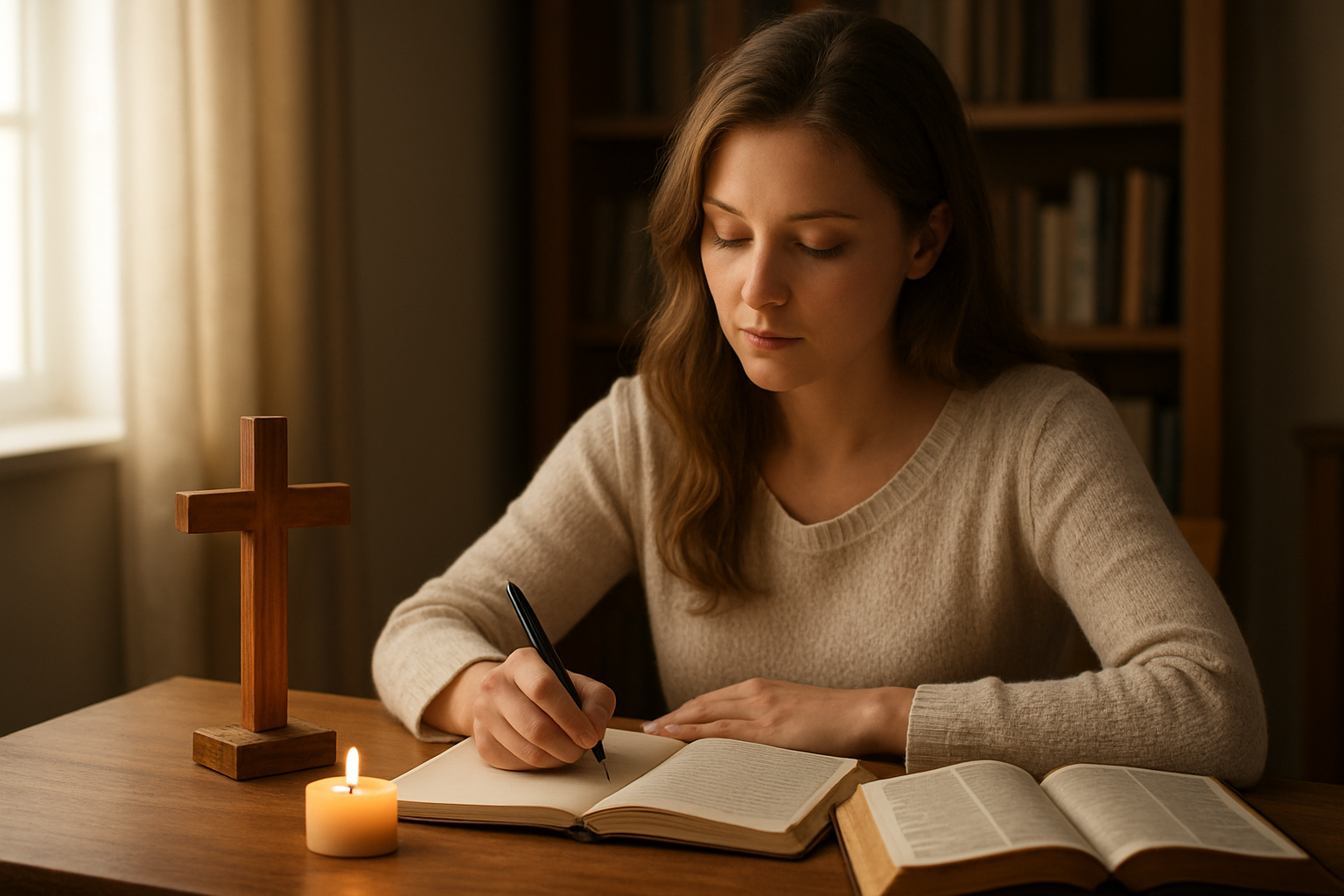 Create a realistic image of a peaceful indoor scene with a white female sitting at a wooden desk with an open journal and pen in hand, surrounded by Christian symbols including a wooden cross, an open Bible, and a small candle providing warm lighting, with a cozy background featuring bookshelves and soft natural light filtering through a window, conveying a contemplative and spiritual atmosphere of reflection and planning. Absolutely NO text should be in the scene.