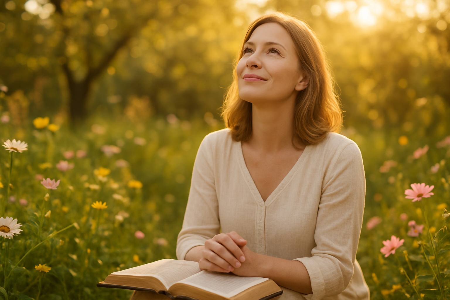 Create a realistic image of a peaceful white Christian woman in her 30s sitting in a sunlit garden or natural outdoor setting, looking upward with a serene and content expression, hands gently clasped or resting on an open Bible in her lap, surrounded by blooming flowers and soft natural light filtering through trees, conveying a sense of freedom, peace, and spiritual contentment, with warm golden hour lighting creating a hopeful and uplifting atmosphere, absolutely NO text should be in the scene.
