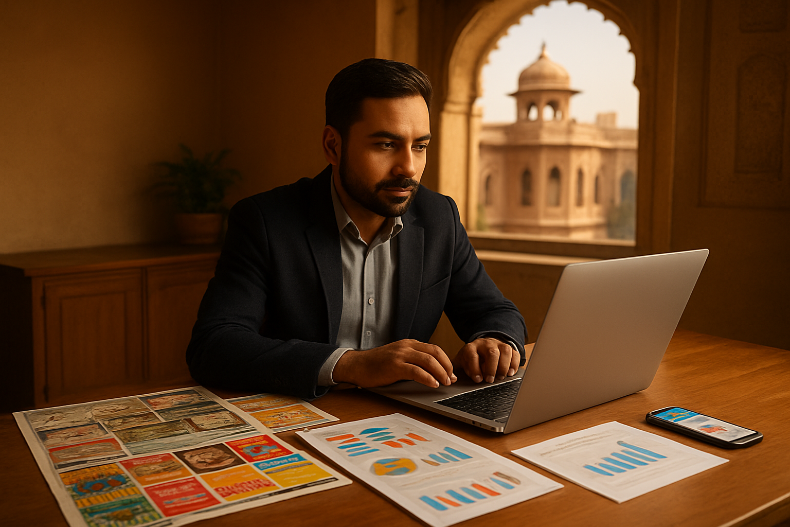 Create a realistic image of a Pakistani male entrepreneur sitting at a modern desk with a laptop, surrounded by marketing materials including local Pakistani newspaper ads, colorful flyers, and a smartphone displaying social media analytics, with traditional Pakistani architectural elements visible through a window in the background, warm natural lighting illuminating the workspace, and various marketing tools like charts and graphs spread across the desk showing local market data, absolutely NO text should be in the scene.