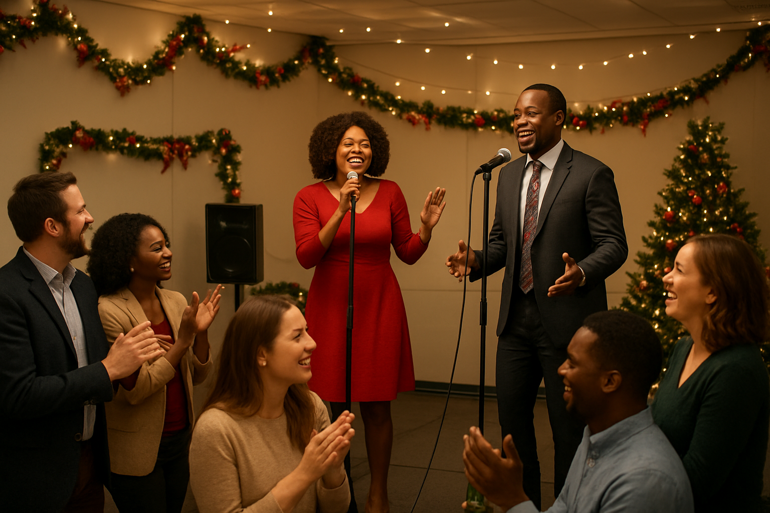 Create a realistic image of a diverse group of office colleagues including white and black males and females gathered around a decorated stage area in a corporate conference room, watching entertainment performers during a Christmas party, with festive red and green decorations, string lights, a small performance area with microphones and speakers, holiday garland on walls, warm ambient lighting creating a joyful atmosphere, people smiling and clapping, some holding drinks, Christmas tree visible in background, absolutely NO text should be in the scene.