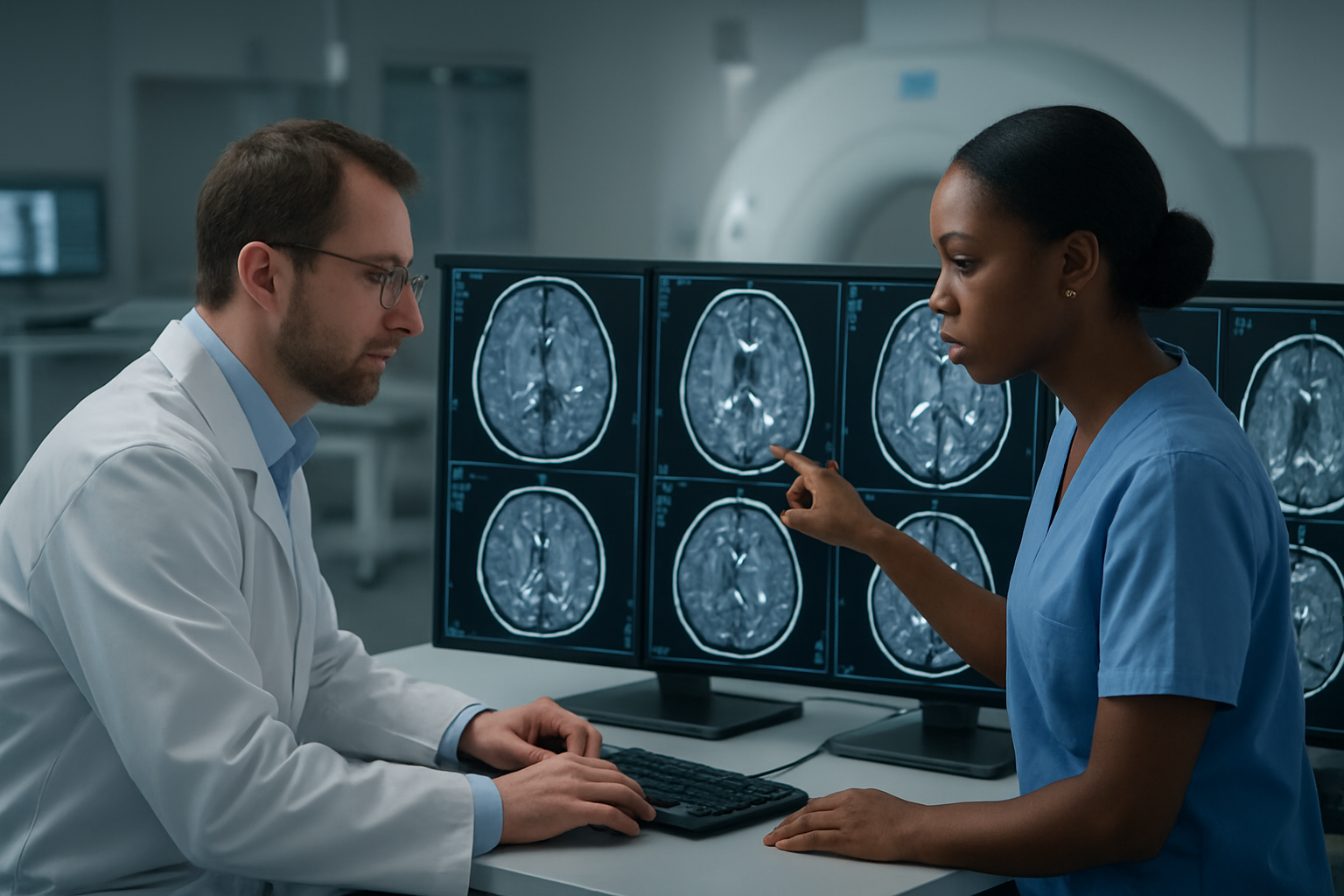 Create a realistic image of a modern hospital neurology department showing a white male neurologist in a white coat examining detailed MRI brain scans on multiple high-resolution monitors, with the brain images clearly displaying deep brain stimulation electrodes as bright white artifacts, while a black female radiologist points to specific areas on the scans, surrounded by advanced medical imaging equipment and diagnostic workstations in a clean, well-lit clinical environment with soft professional lighting, absolutely NO text should be in the scene.