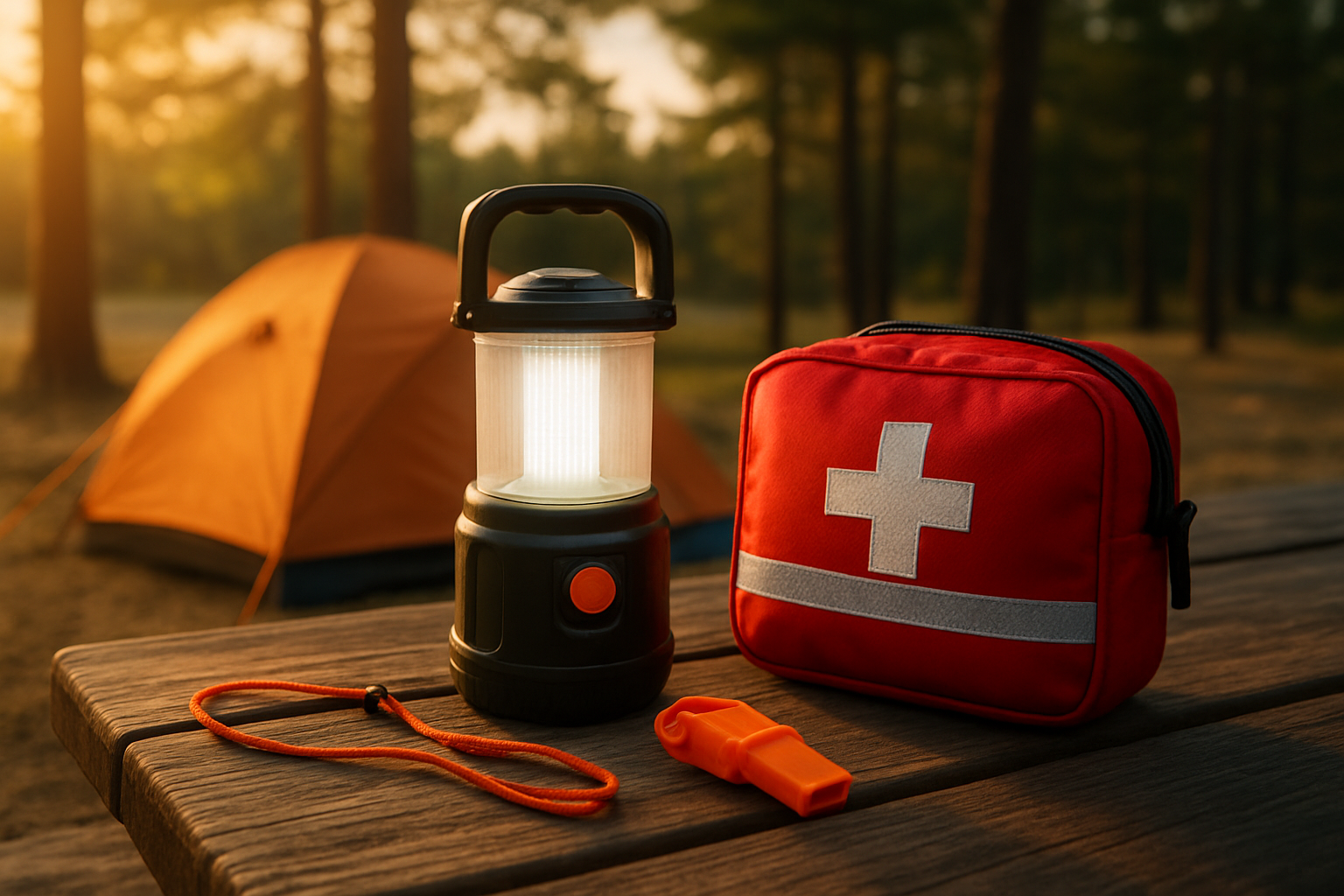 Create a realistic image of outdoor camping gear showcasing built-in safety features including a bright LED lantern with emergency strobe function, a first aid kit with reflective strips, a weather-resistant emergency whistle, and safety-orange tent guy-lines, all arranged on a wooden picnic table at a peaceful campsite during golden hour lighting with pine trees in the background, emphasizing the protective and secure nature of well-designed outdoor equipment, absolutely NO text should be in the scene.