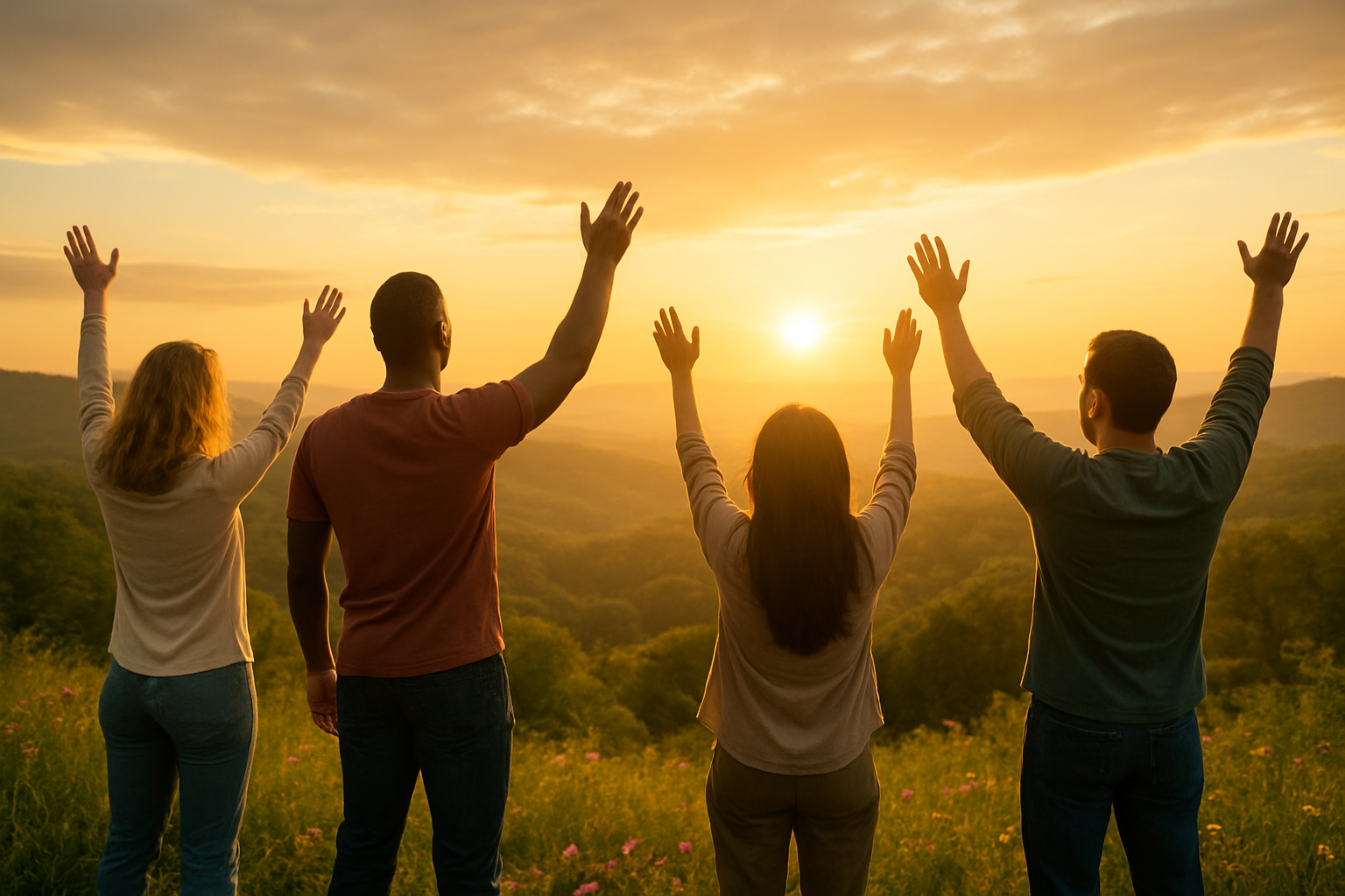 Create a realistic image of a diverse group of people standing together on a hilltop at sunrise, including a white female, black male, Asian female, and Hispanic male, all looking towards a bright golden sunrise with their arms gently raised in a gesture of hope and triumph, surrounded by lush green landscape and wildflowers in the foreground, with soft warm lighting creating a peaceful and uplifting atmosphere that conveys renewal, optimism, and the transformative power of hope, absolutely NO text should be in the scene.