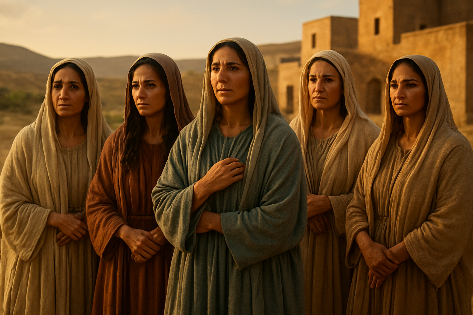 Create a realistic image of a diverse group of Middle Eastern women from biblical times standing together in flowing robes and head coverings, representing the matriarchs and women of Christ's lineage, set against a warm desert landscape with ancient stone buildings in the background, soft golden hour lighting creating a reverent and dignified atmosphere, the women appearing contemplative and significant in their poses, absolutely NO text should be in the scene.