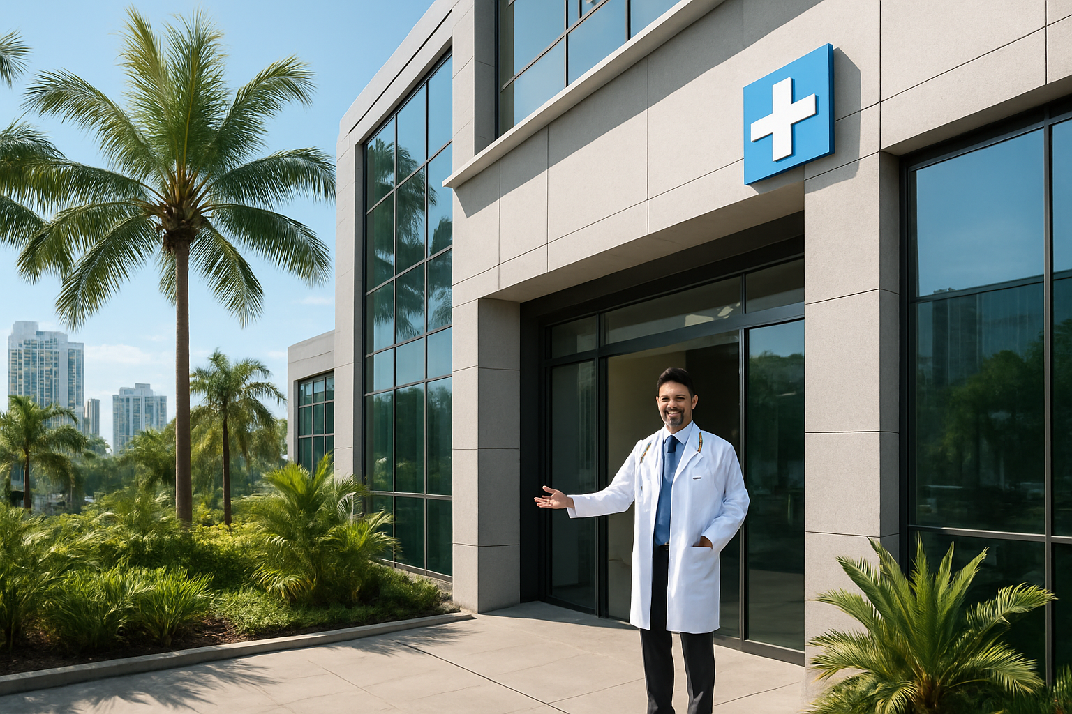 Create a realistic image of a modern medical clinic exterior in Bangalore, India with contemporary glass and concrete architecture, featuring palm trees and urban cityscape in the background, bright daylight with clear blue sky, clean professional entrance with a South Asian male doctor in white coat standing confidently at the entrance welcoming patients, modern signage visible on the building, well-maintained landscaping with tropical plants, professional healthcare atmosphere conveying trust and expertise, absolutely NO text should be in the scene.