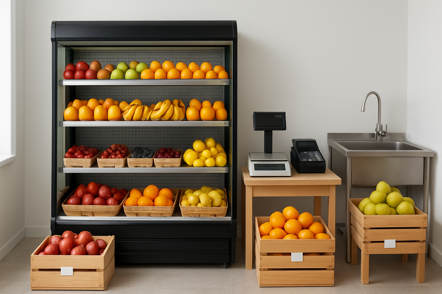 Create a realistic image of a clean, well-organized fruit business setup showing a commercial refrigerated display case filled with fresh colorful fruits like apples, oranges, bananas, and berries, alongside essential equipment including digital weighing scales, cash register, fruit washing station with stainless steel sink, wooden display crates, and price tags, set in a bright retail space with white walls and good lighting, absolutely NO text should be in the scene.