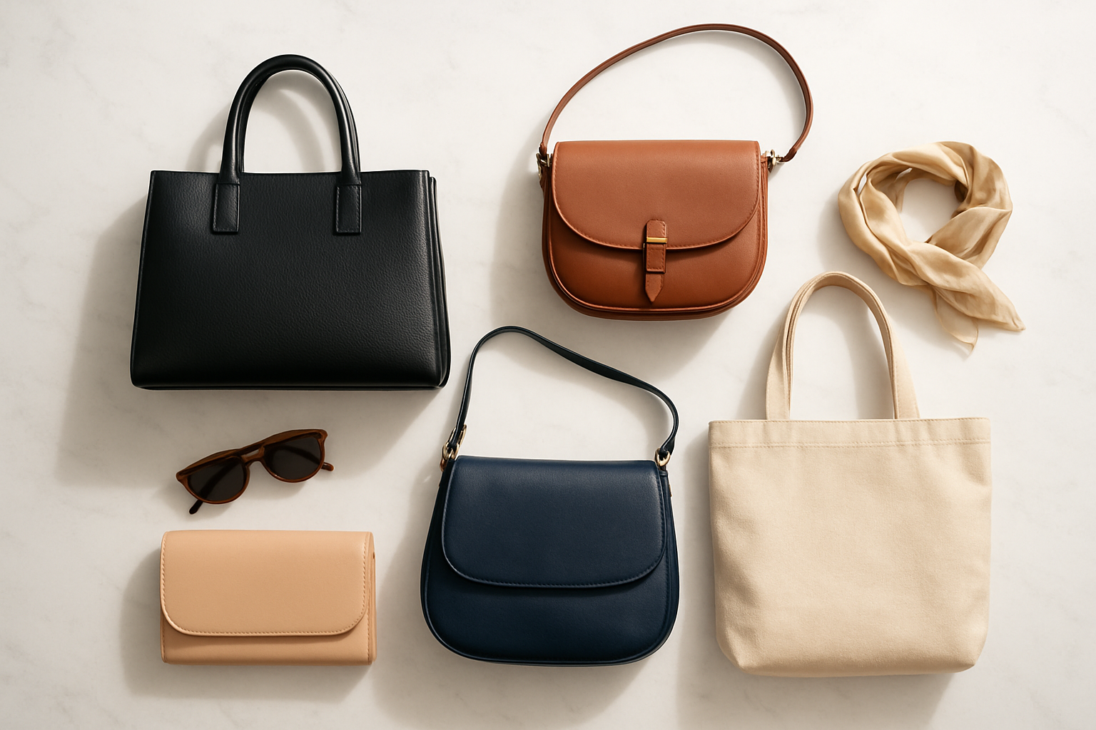 Create a realistic image of a stylish flat lay arrangement featuring five essential daily handbags including a structured black leather tote bag, a crossbody bag in brown leather, a small clutch purse in nude color, a medium-sized shoulder bag in navy blue, and a casual canvas tote bag, all artfully arranged on a clean white marble surface with soft natural lighting from above, creating elegant shadows, with some subtle accessories like a pair of sunglasses and a silk scarf placed nearby to enhance the composition, shot from directly above in a minimalist style that emphasizes the variety and practicality of everyday handbag options, absolutely NO text should be in the scene.