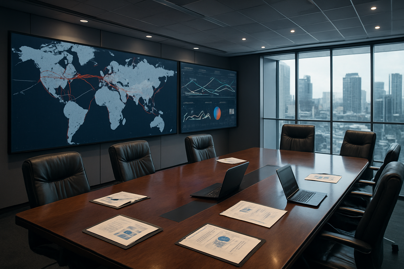 Create a realistic image of a modern strategic command center with multiple large wall-mounted screens displaying global oil pipeline maps, shipping routes, and supply chain analytics, featuring a polished conference table with strategic documents and laptops, illuminated by bright professional lighting, with glass walls showing an urban skyline in the background, conveying a sense of urgency and high-level decision making for energy security planning, absolutely NO text should be in the scene.