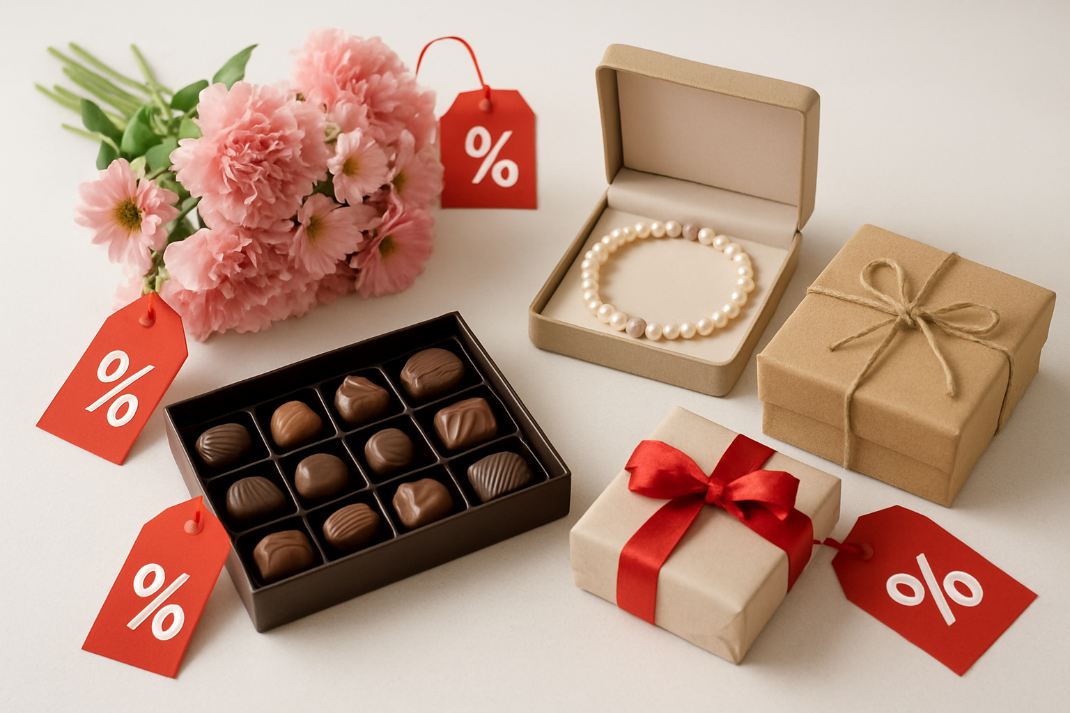 Create a realistic image of traditional Mother's Day gifts including flowers, jewelry, chocolates, and gift boxes arranged on a clean white surface with bright red sale tags and discount stickers attached to each item, soft natural lighting from above creating gentle shadows, warm and inviting atmosphere suggesting affordability and value, absolutely NO text should be in the scene.