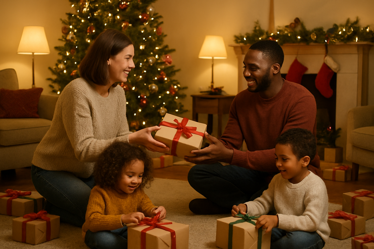 Create a realistic image of a diverse family gathered in a cozy living room exchanging Christmas gifts in creative ways, showing a white female mother handing a beautifully wrapped present to a black male father while two mixed-race children sit cross-legged on a soft carpet unwrapping gifts with colorful ribbons, with a decorated Christmas tree with twinkling lights in the background, warm golden lighting from table lamps creating an intimate atmosphere, wrapped presents of various sizes scattered around the room, holiday decorations on mantlepiece, comfortable furniture with festive throw pillows, and expressions of joy and surprise on everyone's faces as they participate in this meaningful gift-giving tradition, absolutely NO text should be in the scene.