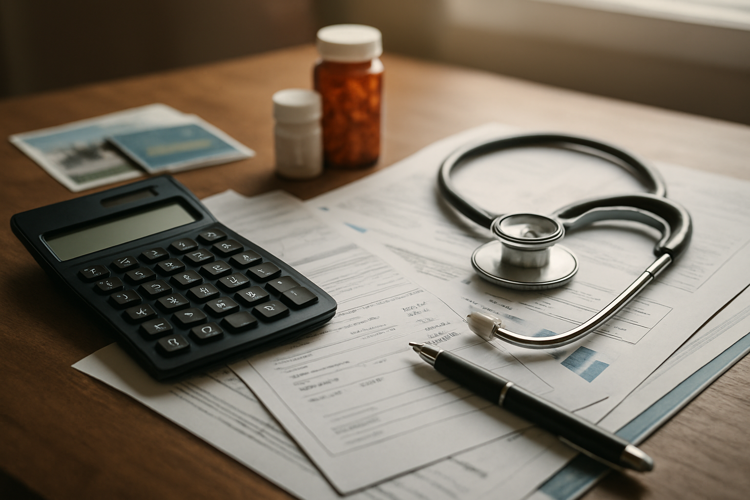 Create a realistic image of a calculator, medical bills, and financial documents spread across a wooden desk surface, with a stethoscope lying nearby, pills or medication bottles in the background, travel brochures or passport visible at the edge, and a pen resting on top of itemized receipts, captured in soft natural lighting from a window, conveying a serious and contemplative mood about healthcare expenses, absolutely NO text should be in the scene.