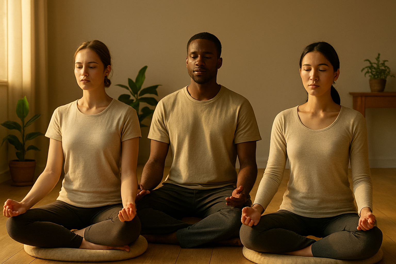 Create a realistic image of a serene meditation scene featuring a diverse group of three people - one white female, one black male, and one Asian female - sitting in perfect meditation posture on cushions in a peaceful indoor setting with soft natural lighting from a nearby window, their spines straight and hands resting gently on their knees, surrounded by minimalist decor including a few plants and wooden flooring, conveying a sense of mastery, tranquility, and completion of their meditation practice journey, with warm golden hour lighting creating a calm and accomplished atmosphere. Absolutely NO text should be in the scene.