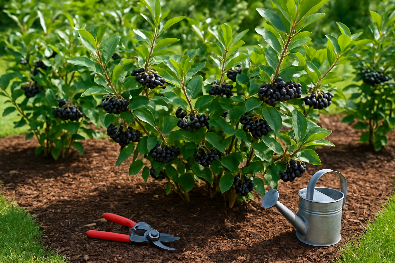 Create a realistic image of healthy chokeberry (Aronia) bushes thriving in a well-maintained garden setting, showing mature plants with dark purple-black berries hanging in clusters, lush green foliage, planted in rich dark soil with proper spacing between bushes, surrounded by mulch, with gardening tools like pruning shears and a watering can nearby, bright natural daylight creating optimal growing conditions, demonstrating successful cultivation techniques. Absolutely NO text should be in the scene.