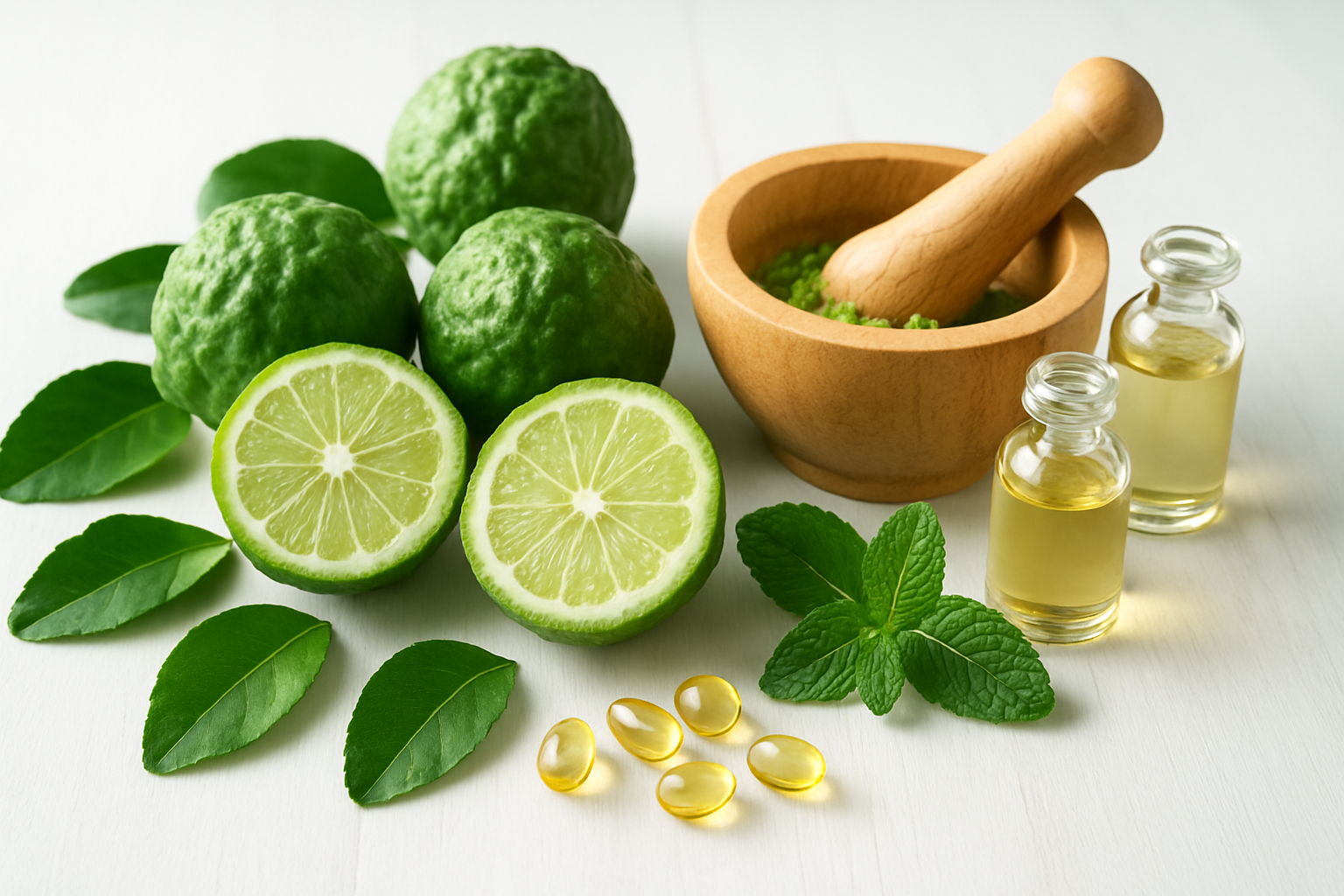 Create a realistic image of fresh kaffir lime fruits and leaves artistically arranged on a clean white wooden surface alongside natural health symbols including a wooden mortar and pestle with crushed lime zest, small glass bottles containing essential oils, fresh mint sprigs, and scattered vitamin capsules, with soft natural lighting from the side creating gentle shadows, bright and clean atmosphere suggesting wellness and nutrition, absolutely NO text should be in the scene.