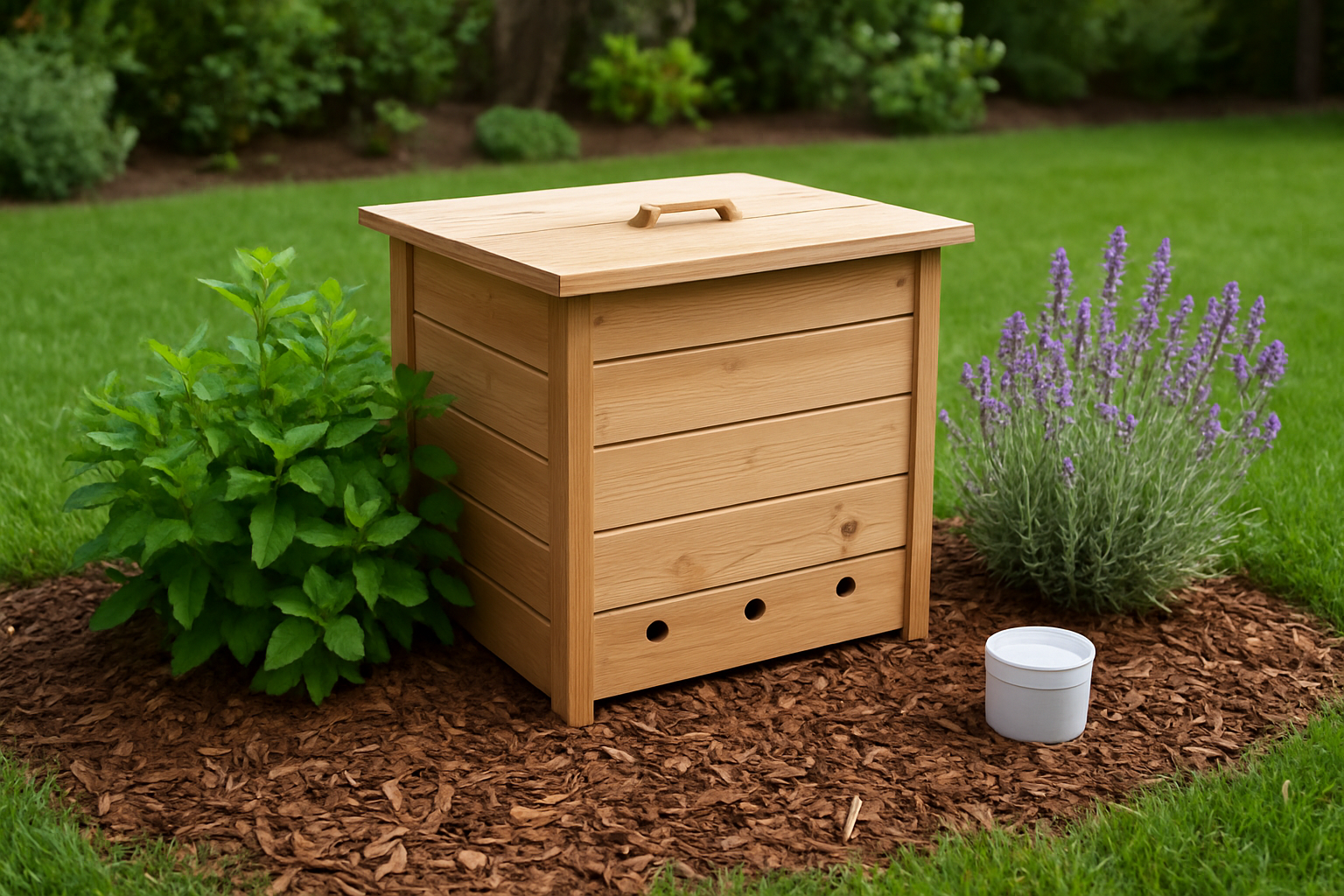 Create a realistic image of a well-organized backyard dog waste composting system featuring a wooden compost bin with a secure lid, surrounded by natural odor control elements including strategically placed aromatic herbs like mint and lavender, cedar wood chips scattered around the base, a small container of baking soda nearby, and proper ventilation holes visible in the compost structure, set against a clean backyard environment with green grass and garden plants, under natural daylight with a fresh and maintained appearance that emphasizes cleanliness and odor management, absolutely NO text should be in the scene.