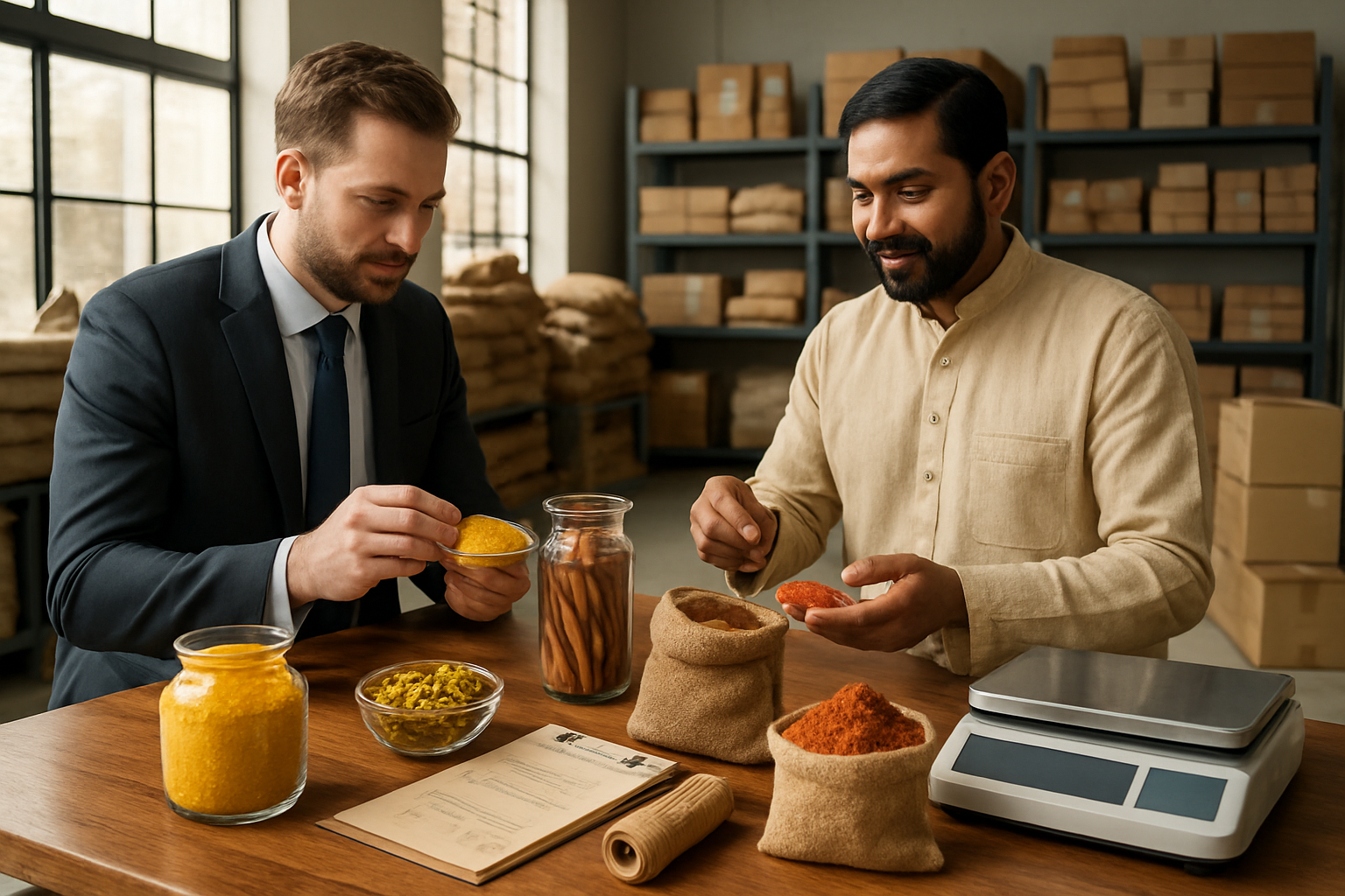 Create a realistic image of a premium spice trading scene featuring colorful Indian spices like turmeric, cardamom, cinnamon sticks, and red chili powder displayed in elegant glass containers and burlap sacks on a modern wooden trading desk, with a diverse group including a white male buyer in business attire examining spice samples alongside an Indian male spice trader in traditional kurta, surrounded by quality certification documents, sustainable packaging materials, and modern weighing scales, set in a bright contemporary spice warehouse with natural lighting streaming through large windows, creating a professional and prosperous atmosphere that conveys trust, quality, and successful international trade partnerships, with the background showing organized spice storage systems and export-ready packaging, absolutely NO text should be in the scene.