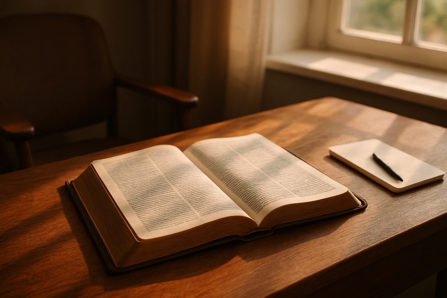 Create a realistic image of an open Bible placed on a wooden desk with warm sunlight streaming through a nearby window, creating gentle shadows across the pages, surrounded by a peaceful study environment with a comfortable chair, a small notebook and pen nearby, and soft natural lighting that creates a serene and contemplative atmosphere perfect for deep scripture reading and reflection, absolutely NO text should be in the scene.