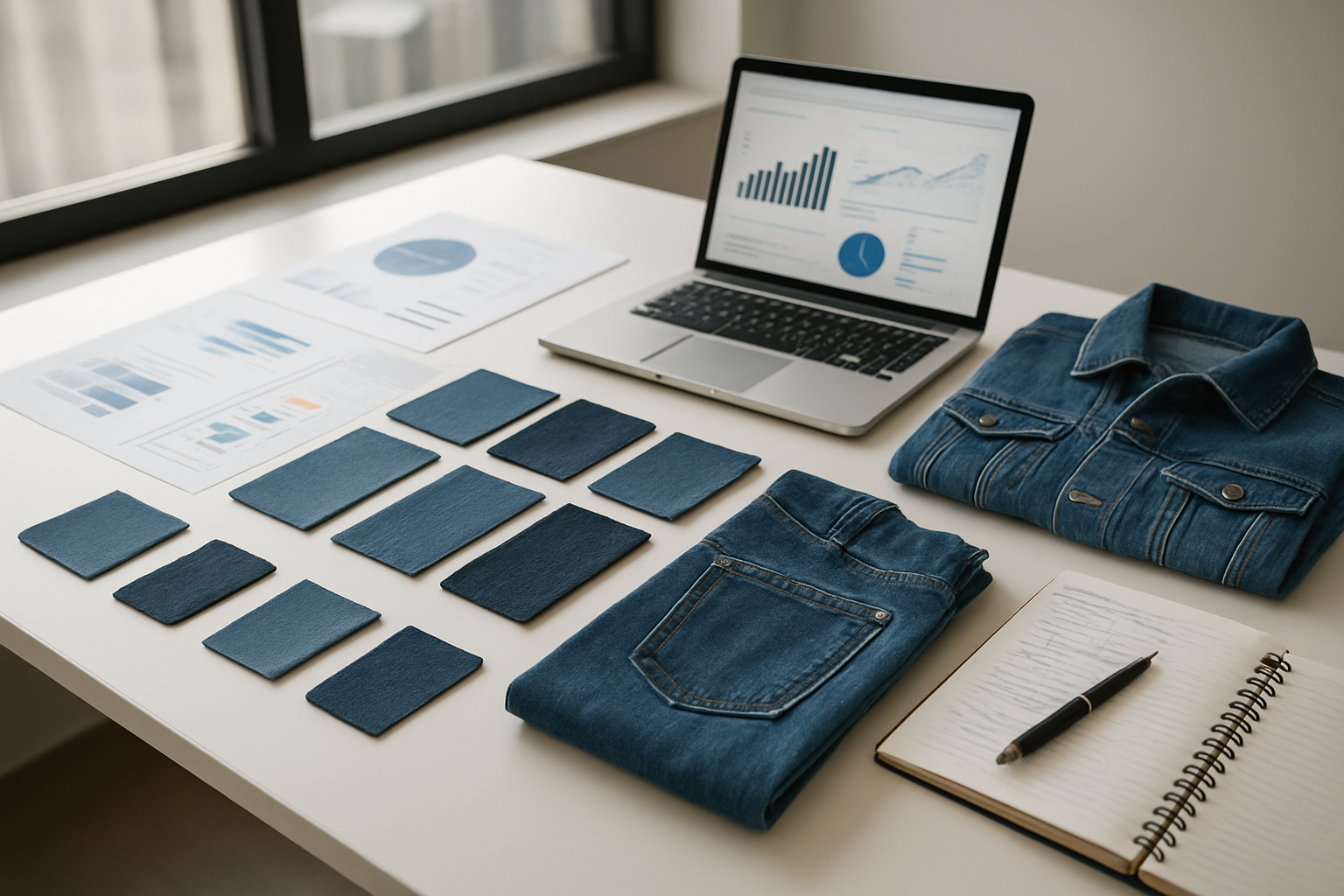 Create a realistic image of a modern office workspace showing essential business planning elements for launching a denim brand, featuring a clean white desk with organized documents, charts, fabric swatches of various denim materials, a laptop computer displaying business analytics, a notepad with handwritten notes, a smartphone, and sample denim products including jeans and jackets arranged professionally, with natural daylight streaming through large windows creating a bright and focused entrepreneurial atmosphere, shot from a slight overhead angle to showcase the organized planning process, absolutely NO text should be in the scene.
