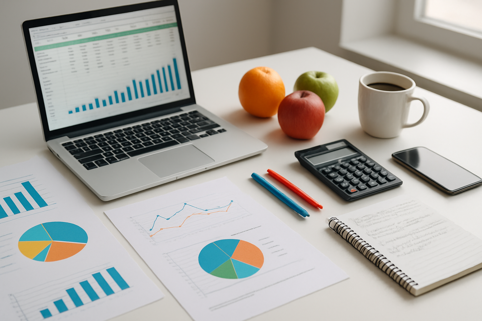 Create a realistic image of a modern office desk scene showing business planning materials for a fruit juice startup, featuring an open laptop displaying financial spreadsheets, scattered business plan documents with charts and graphs, a calculator, colorful pens, a notebook with handwritten notes, fresh oranges and apples as props representing the juice business theme, a coffee cup, and a smartphone, all arranged on a clean white desk surface with soft natural lighting from a nearby window, creating a professional and organized entrepreneurial atmosphere, Absolutely NO text should be in the scene.