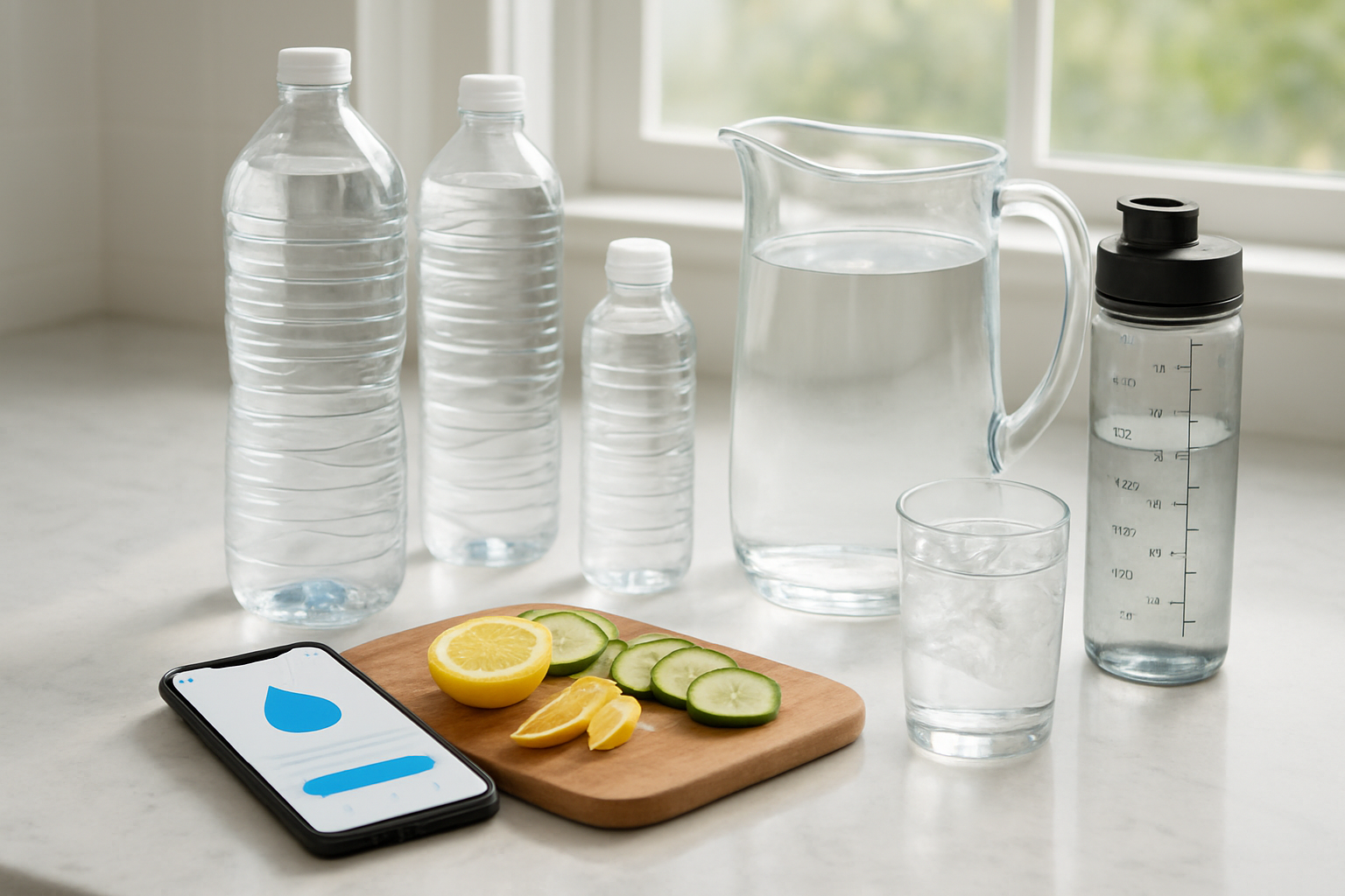 Create a realistic image of a kitchen counter scene featuring multiple water bottles of different sizes, a large glass pitcher filled with clear water, a smartphone with a water tracking app visible on screen, fresh lemon and cucumber slices arranged on a cutting board, a reusable water bottle with measurement markings, and a glass of water with ice cubes, all arranged on a clean white marble countertop with natural daylight streaming through a window in the background, creating a fresh and organized atmosphere that suggests healthy hydration habits, absolutely NO text should be in the scene.