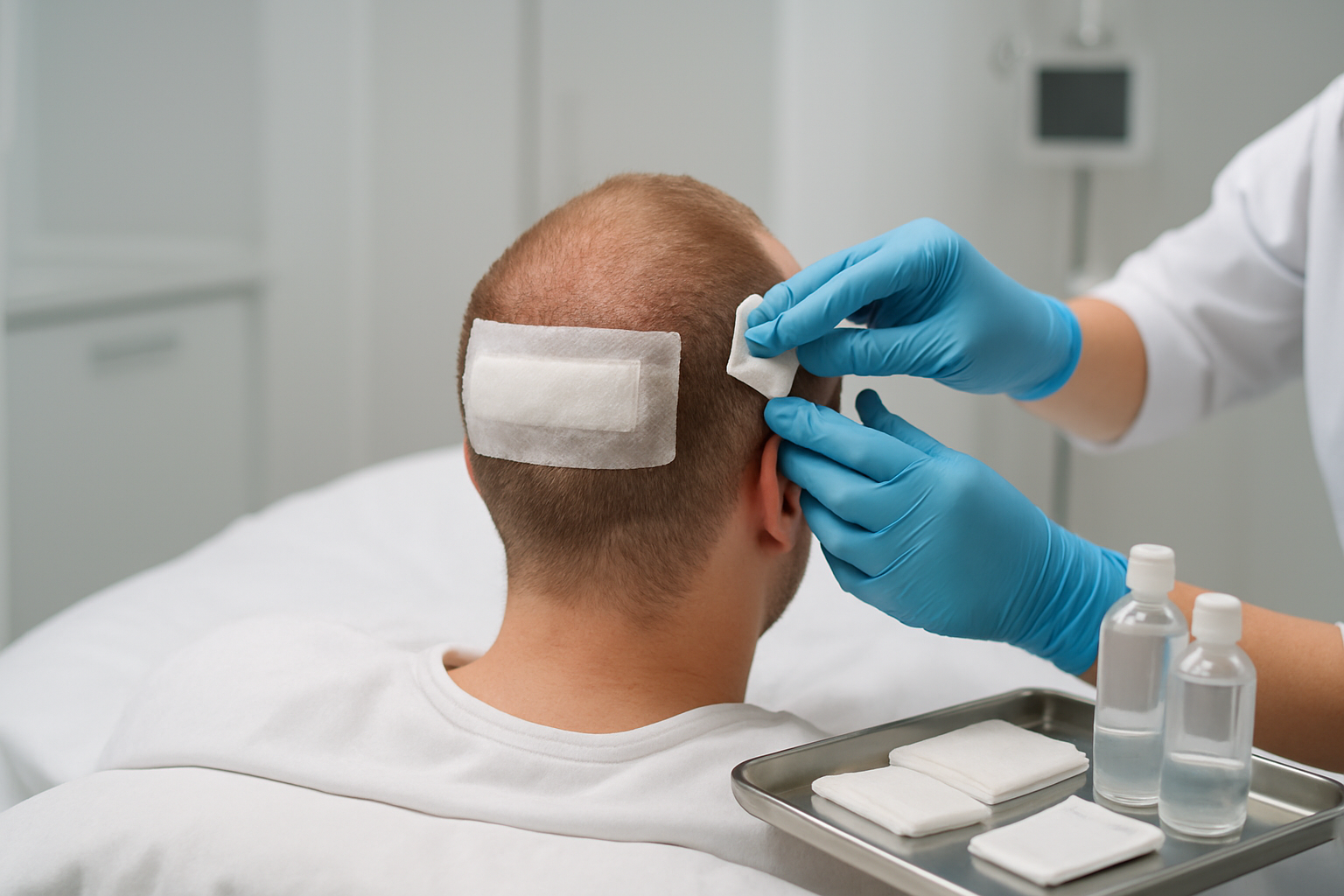 Create a realistic image of a white male patient lying on a medical bed in a clean clinical setting, viewed from behind showing the back of his head with a freshly completed hair transplant procedure, small bandages and protective gauze covering the transplant area, a medical professional's hands wearing blue latex gloves gently applying post-care treatment, medical supplies including antiseptic bottles, gauze pads, and care instruction materials arranged on a nearby sterile tray, soft clinical lighting creating a calm and professional atmosphere, modern medical facility background with white walls and medical equipment, absolutely NO text should be in the scene.