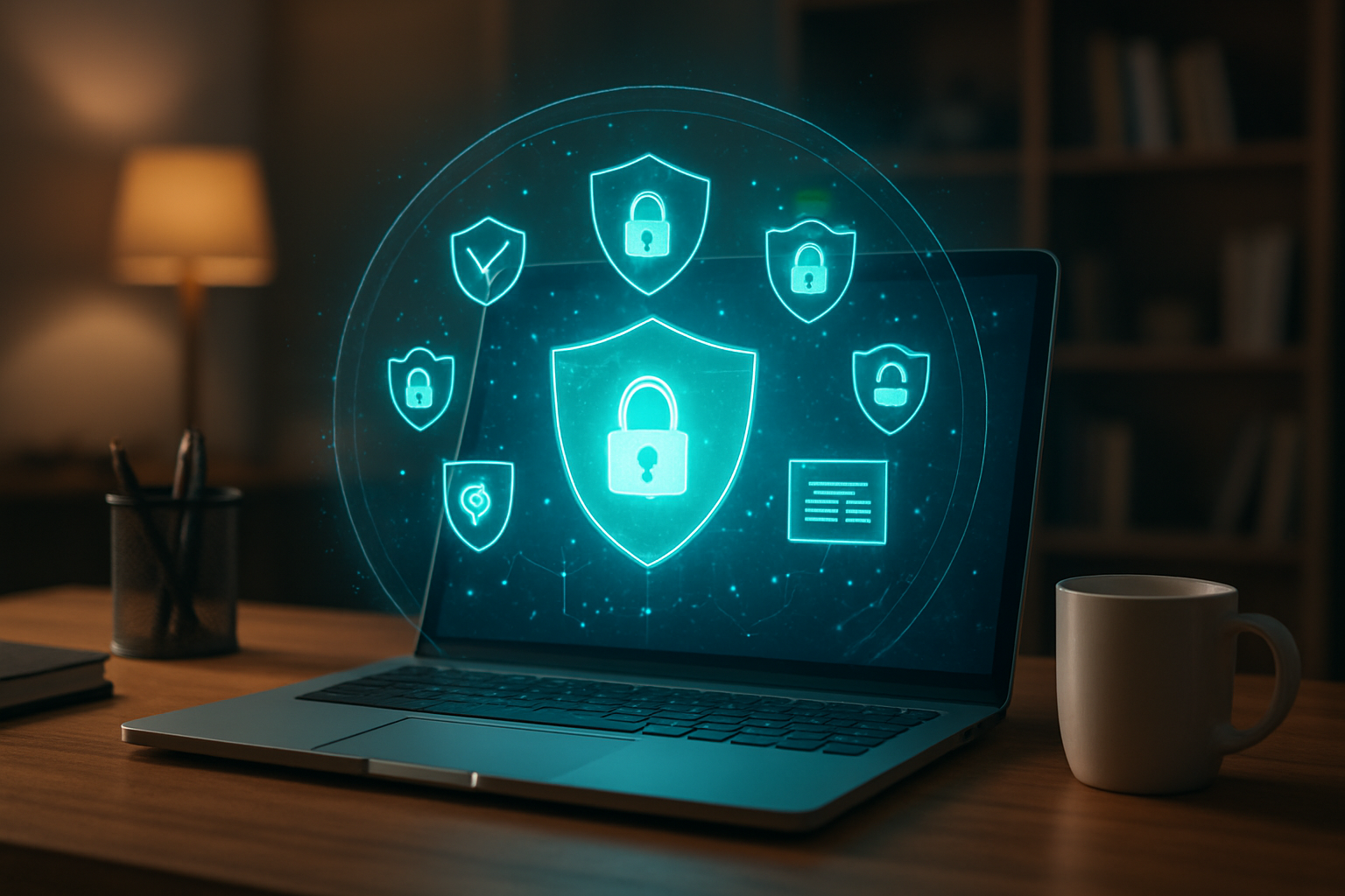Create a realistic image of a modern home office setup with a sleek laptop computer on a wooden desk, surrounded by multiple digital security icons floating holographically above the device including shield symbols, lock icons, and data protection emblems, with soft blue and green lighting emanating from the screen, a cozy indoor environment with bookshelves in the background, warm ambient lighting creating a secure and private atmosphere, and subtle visual elements suggesting local data processing like small circuit patterns or network nodes contained within a protective bubble around the workspace, absolutely NO text should be in the scene.