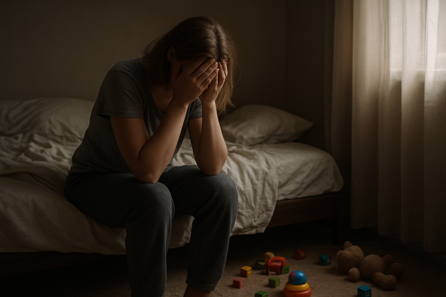 Create a realistic image of a tired white female mother sitting alone on her bed in a dimly lit bedroom, head in her hands showing exhaustion and overwhelm, with scattered toys on the floor, unmade bed, coffee cup on nightstand, soft natural light filtering through curtains creating a melancholic atmosphere that conveys the emotional weight of motherhood and neglected self-care, absolutely NO text should be in the scene.