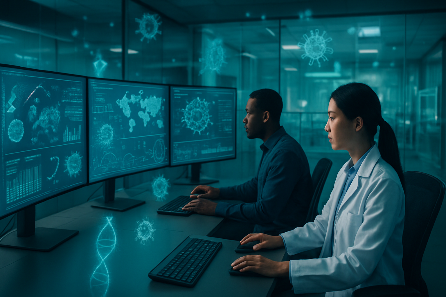 Create a realistic image of a futuristic control room with multiple large curved monitors displaying global health data, virus molecular structures, and world maps with data visualizations, featuring a diverse team of three professionals - a white female scientist in a lab coat analyzing vaccine data on one screen, a black male data analyst working with AI algorithms on another monitor, and an Asian female doctor reviewing diagnostic results, all surrounded by holographic projections of DNA helixes and virus particles floating in the air, with soft blue and green ambient lighting creating a high-tech atmosphere, modern ergonomic workstations with sleek keyboards and advanced computing equipment, glass walls showing a glimpse of a modern laboratory in the background, conveying innovation, hope, and technological advancement in healthcare, absolutely NO text should be in the scene.