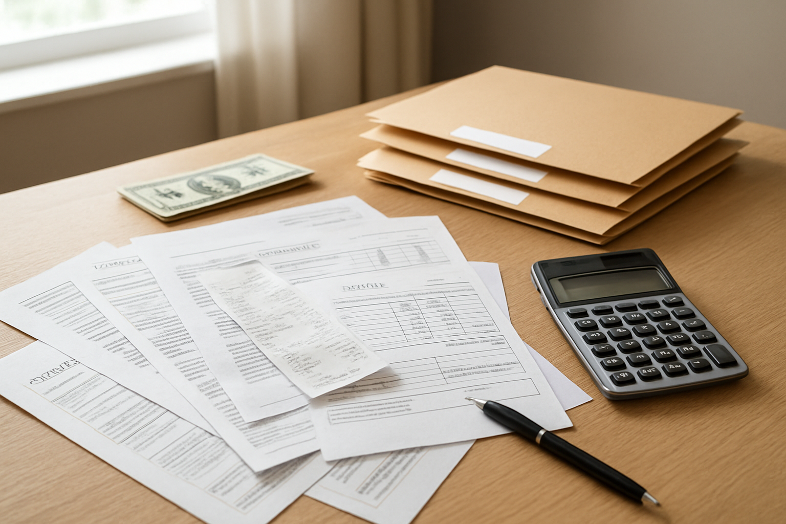 Create a realistic image of a clean, organized desk scene with scattered bills and receipts representing essential expenses like utility bills, grocery receipts, rent statements, and insurance documents, alongside a calculator, pen, and a few labeled file folders or envelopes for categorizing expenses, set against a neutral home office background with soft natural lighting from a window, conveying a sense of financial organization and budgeting, absolutely NO text should be in the scene.