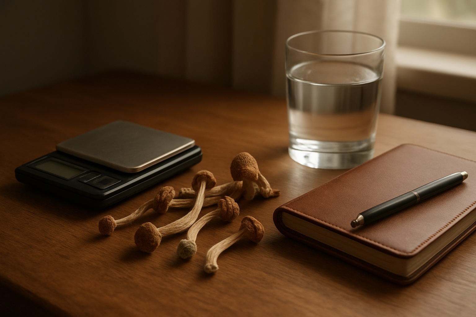 Create A Realistic Image Of A Serene, Peaceful Setting With Dried Psilocybin Mushrooms Arranged Naturally On A Wooden Surface Alongside A Small Precise Digital Scale, A Clean Glass Of Water, And A Leather-Bound Journal With A Pen, With Soft Natural Lighting Filtering Through A Window In The Background Creating Gentle Shadows, Conveying A Sense Of Mindful Preparation, Safety, And Completion Of A Learning Journey, With Warm Earth Tones And A Calming Atmosphere That Suggests Responsible Use And Thoughtful Integration, Absolutely No Text Should Be In The Scene.
