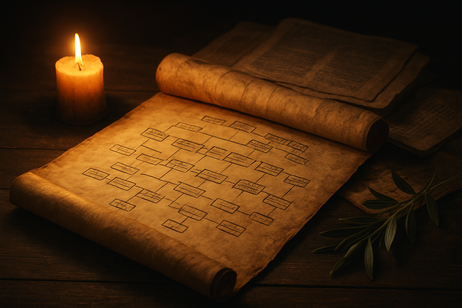 Create a realistic image of an ancient scroll partially unrolled on a wooden table displaying a genealogical tree with connecting lines and names, surrounded by aged parchments and biblical manuscripts, with warm golden candlelight illuminating the scene from the left side, creating soft shadows and a reverent atmosphere that suggests scholarly biblical study and spiritual reflection, with a few olive branches placed nearby symbolizing peace and divine heritage, set against a dark background that emphasizes the sacred nature of the genealogical research, absolutely NO text should be in the scene.